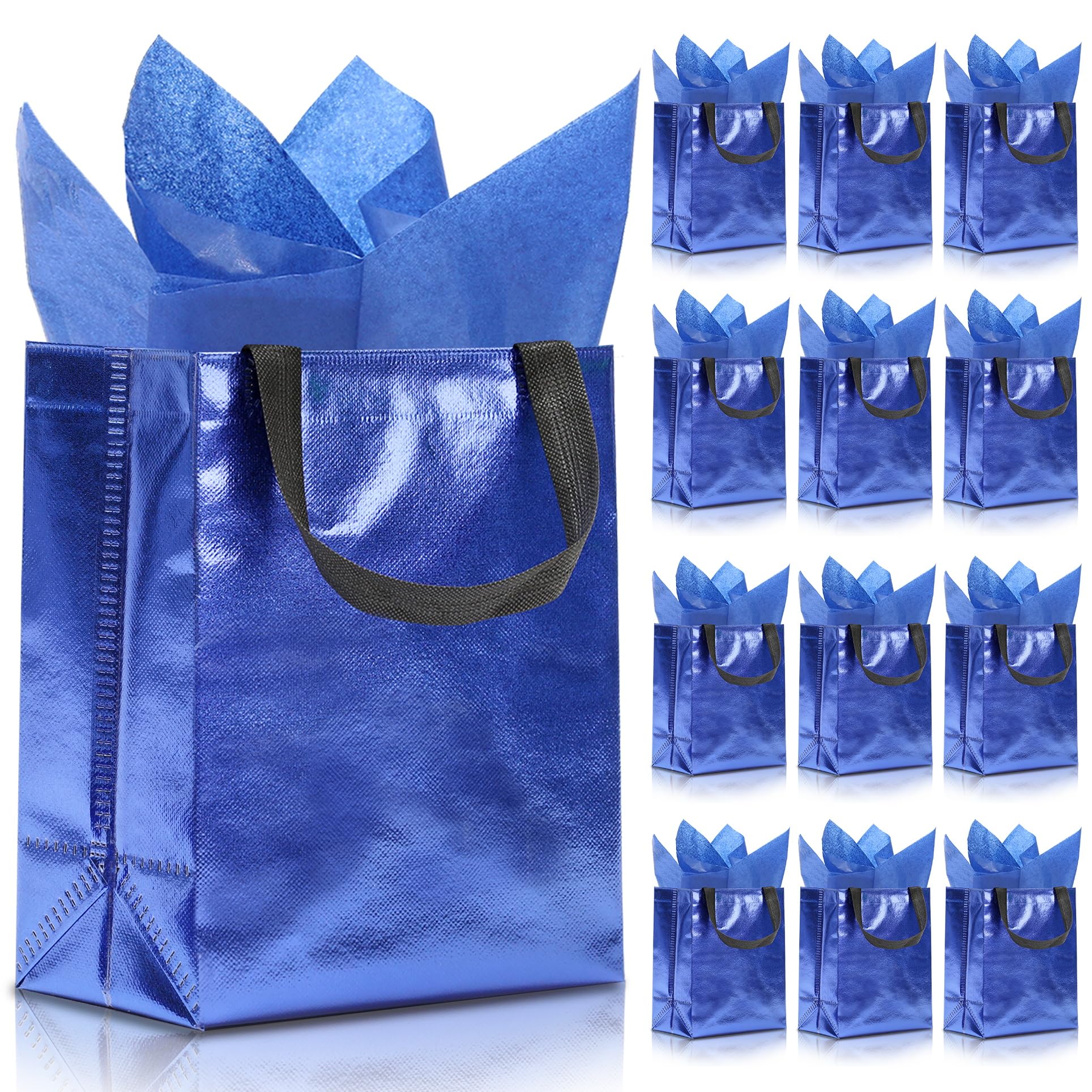 KeerxunBag 12pcs Reusable Gift Bags（Includes Tissue Paper） Gift bag with handle Birthdays Parties Holidays Weddings Medium 10x4x8in blue Gift Bags