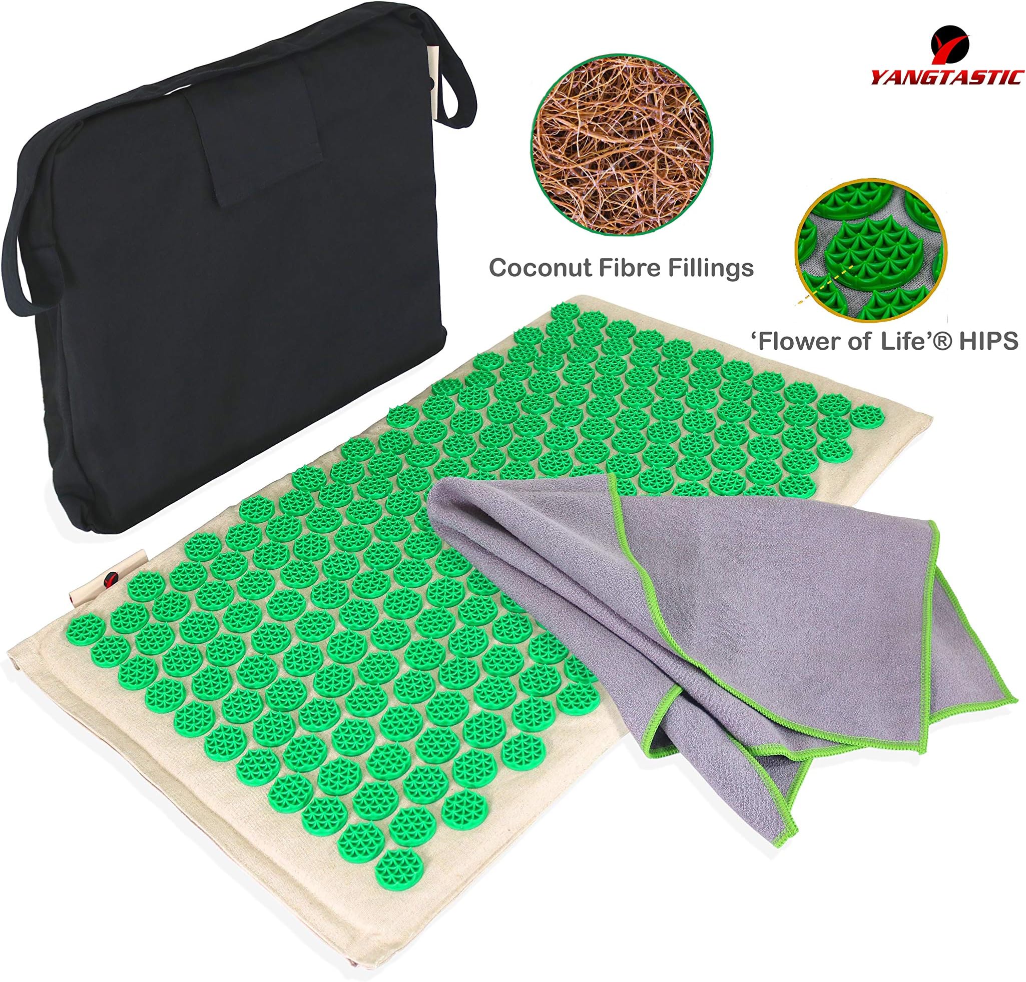 Coconut Fibre Filled Acupressure Mat with Organic Pure Linen Cover Complete with Cotton Carry Bag and Bonus Item Yoga Towel - Acupuncture Massager Matt Reflexology Treatment Therapy Pad