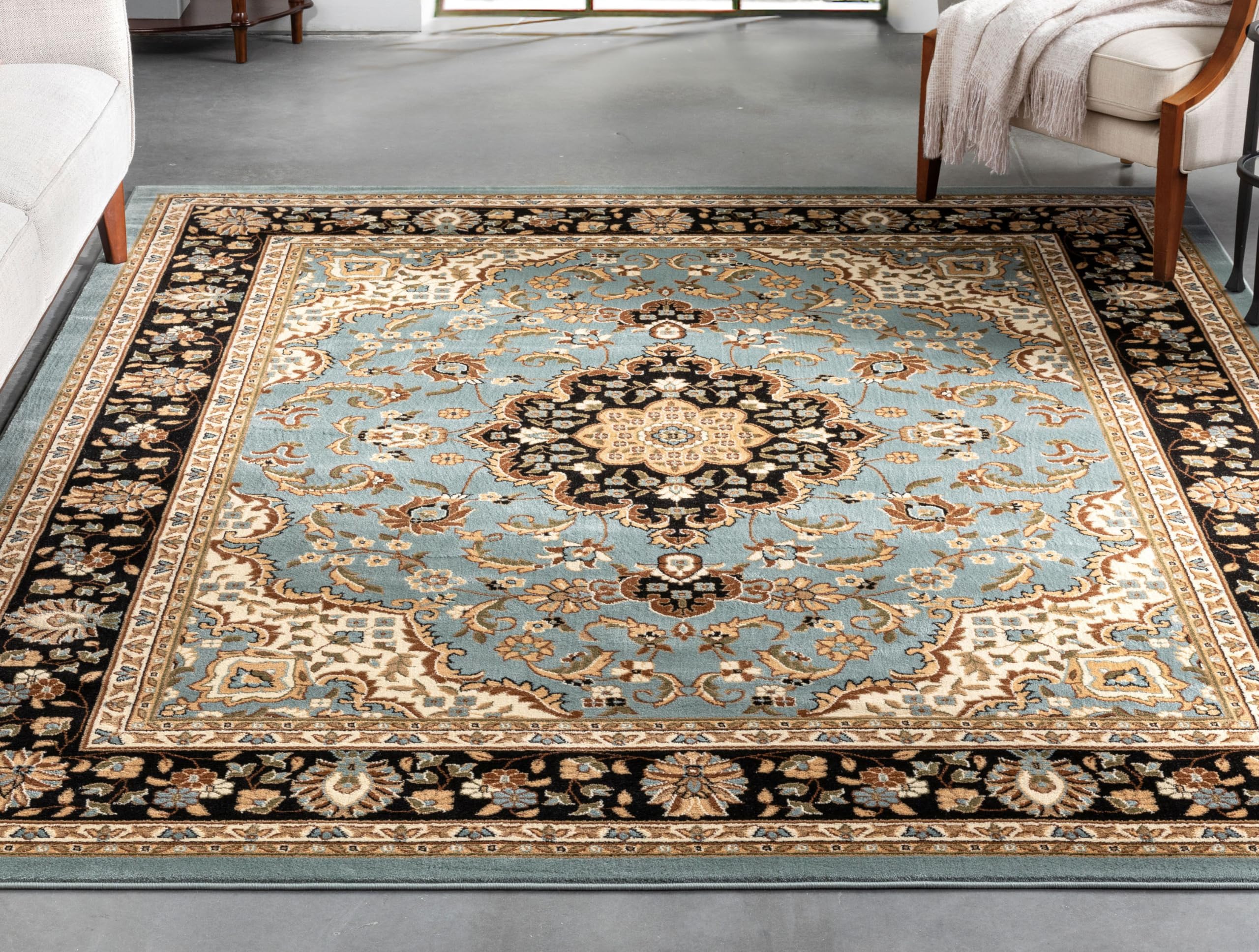 Well Woven Barclay Collection Medallion Kashan Light Blue 4x5 Area Rug - for Entryways, Small Bedrooms, Living Rooms