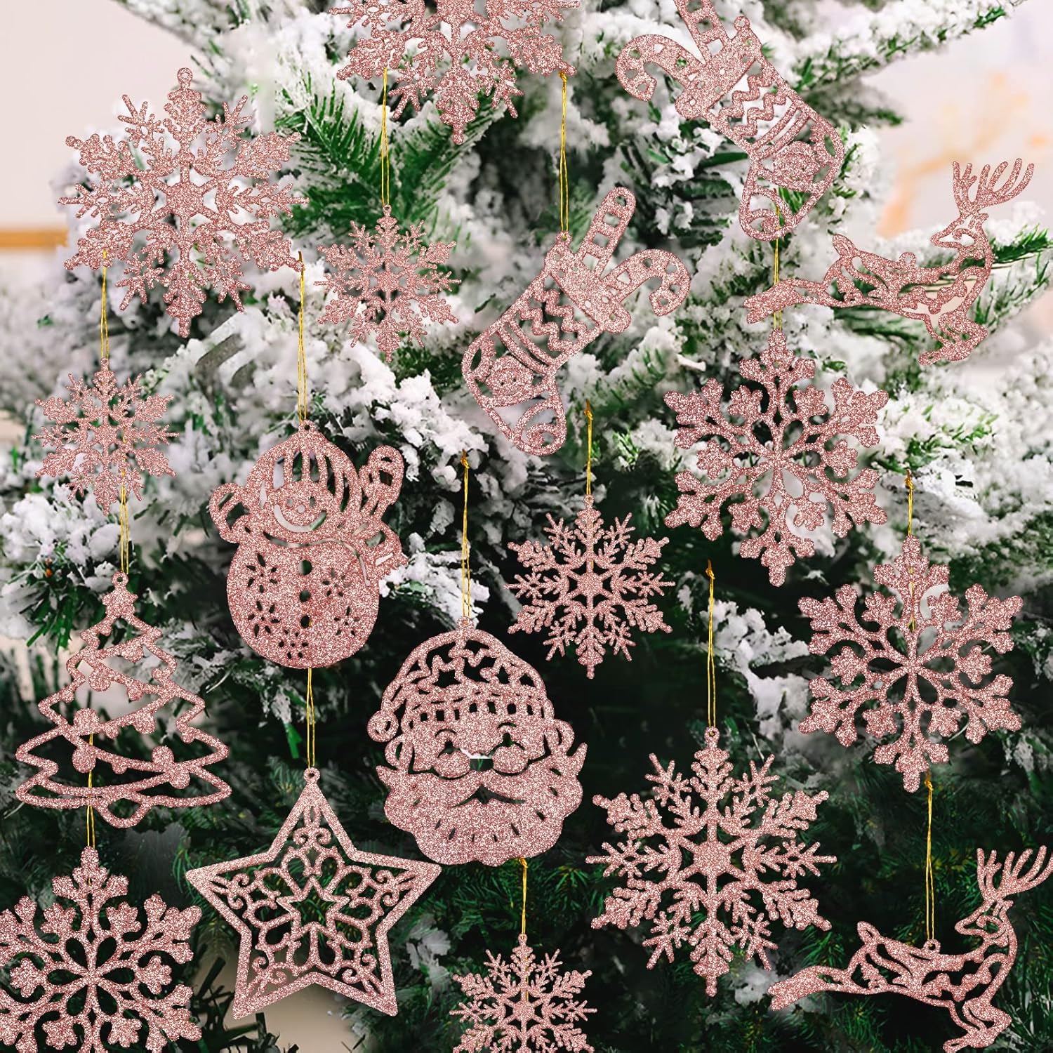 42pcs Christmas Tree Decoration Snowflake Ornaments Glitter Christmas Snowflake Tree Stocking Snowman Reindeer Santa Hanging Ornaments for Xmas Winter Wonderland Holiday New Year Party (Rose Gold)