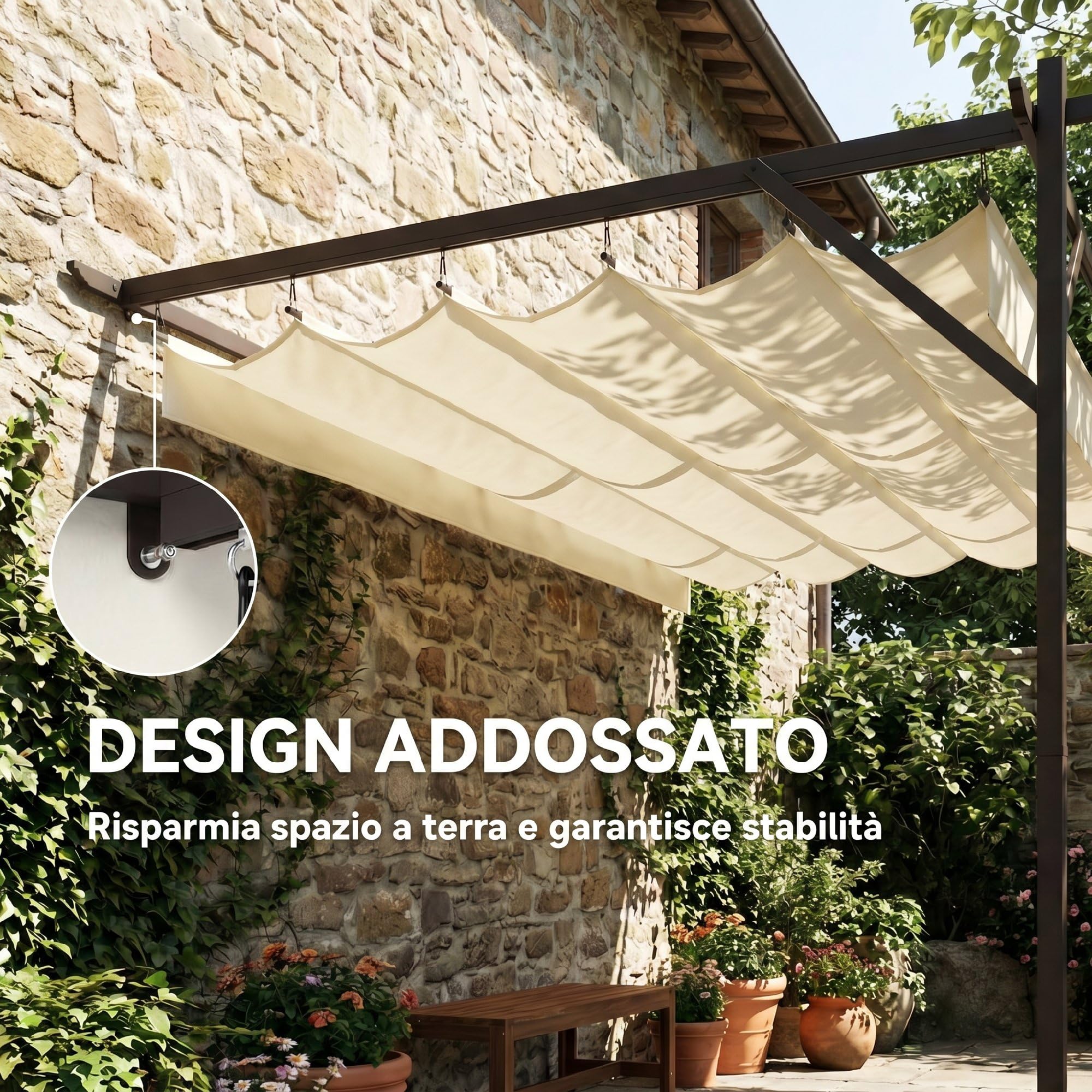 Outsunny Gazebo Pergola Addossata 3x3 m Tetto Retrattile Scorrevole Fori Drenaggio Pergolato Giardino Poliestere Acciaio Patio Terrazzo Esterno UV30+ Bianco Crema