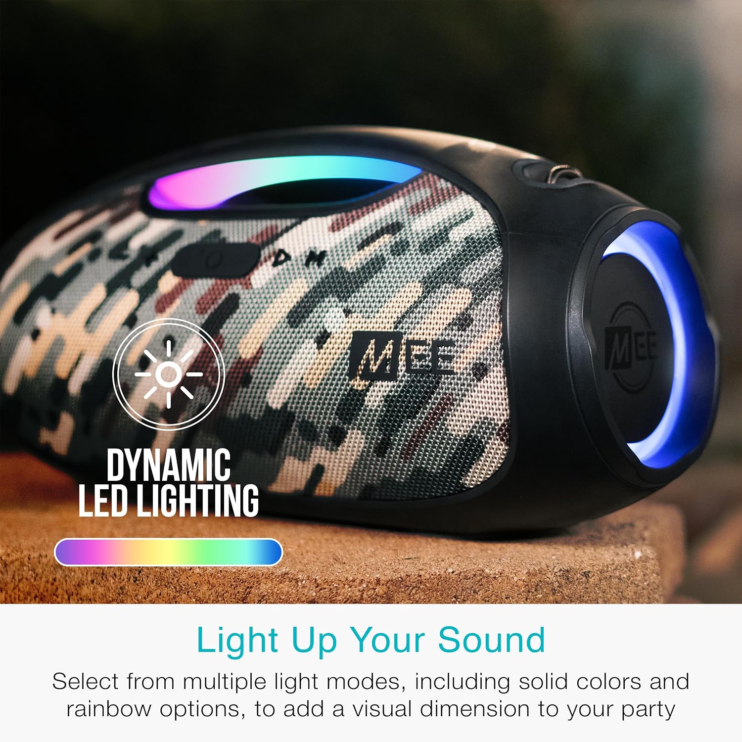 MEE Audio PartySPKR Bluetooth Wireless Speaker, Powerful 60W RMS Stereo Sound, 2 Subwoofers, Portable Speaker for Outdoor, Camping, Beach, Camo