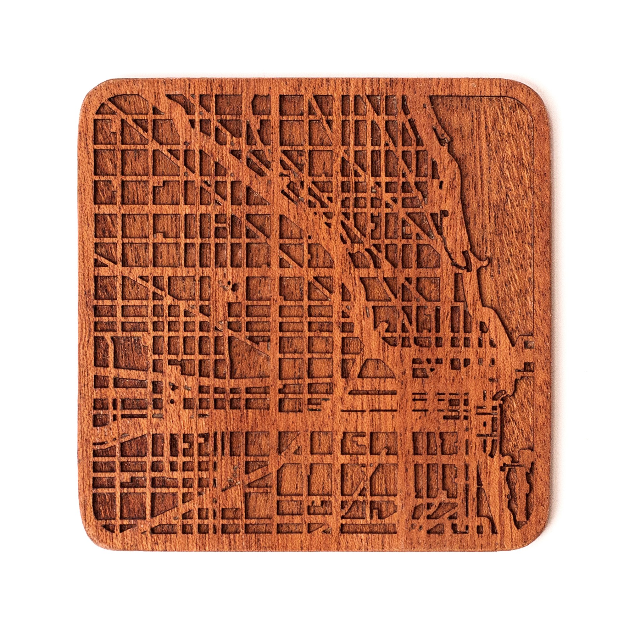 Chicago Map Coaster, One piece, Sapele Wooden Coaster with City map, Multiple City Optional, Handmade