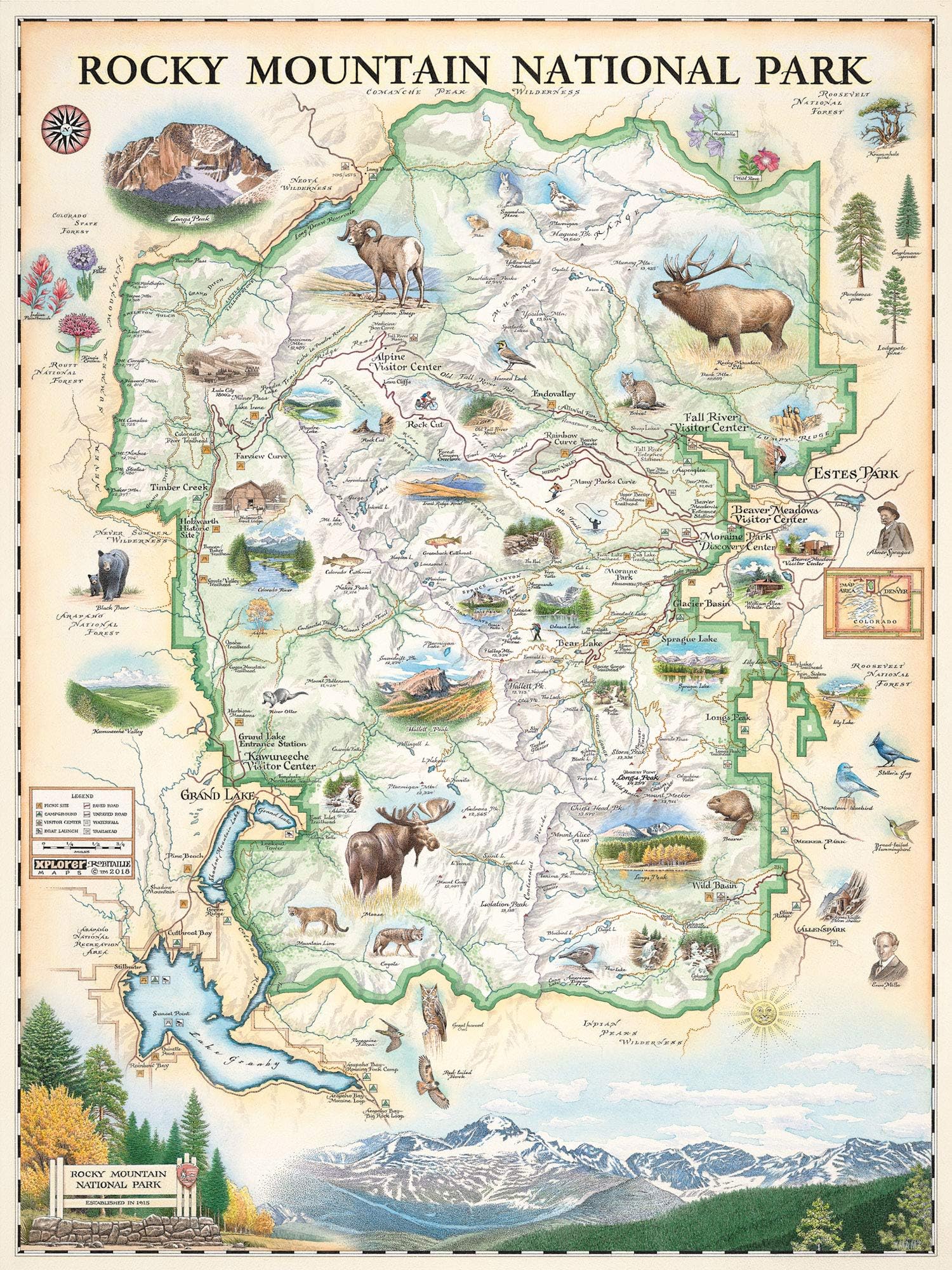 Rocky Mountain National Park Hand-Drawn Map – 18x24 Vintage-Style Lithographic Print – Made in USA