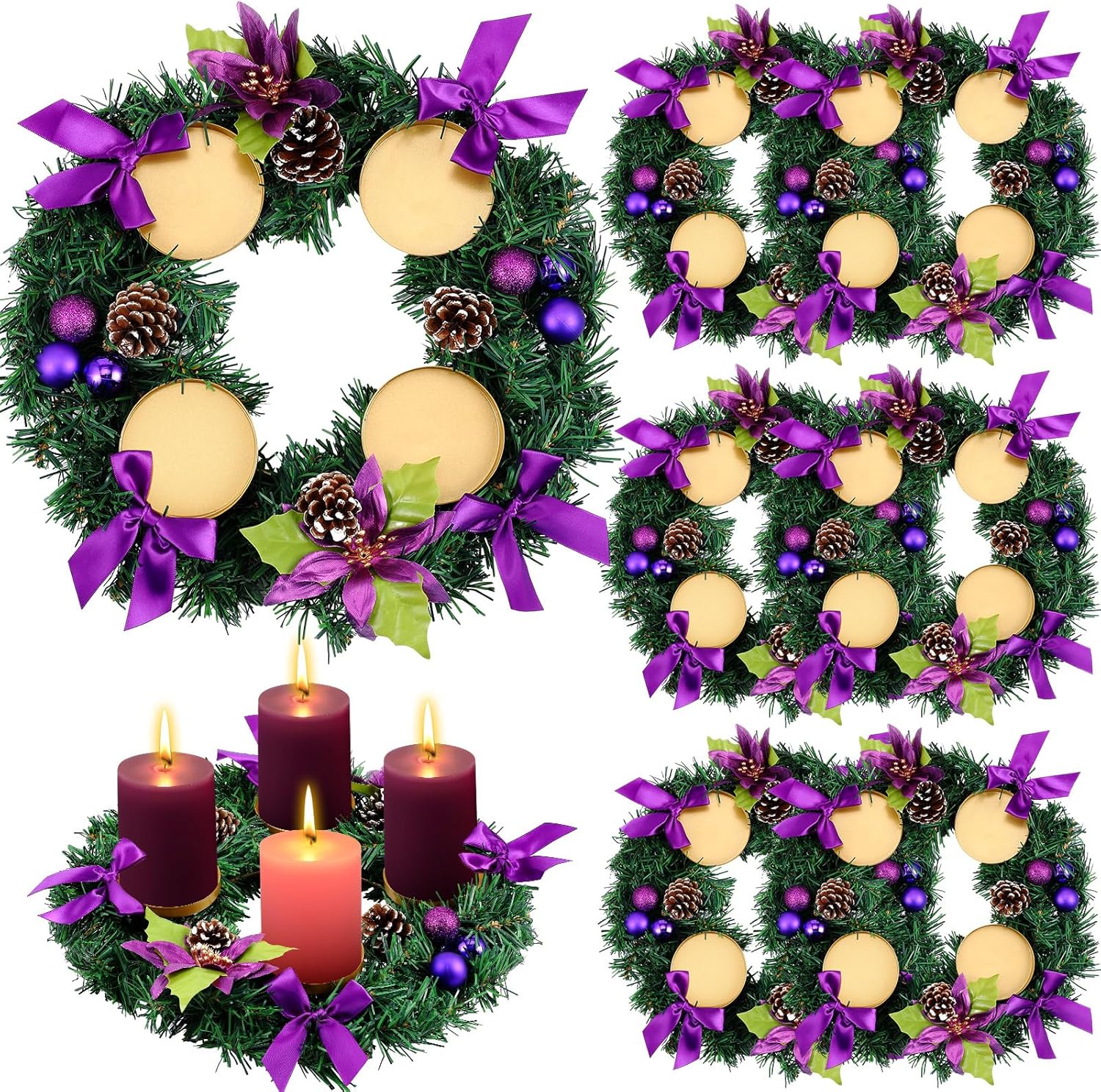 Hotop 8 Pack Ribbon Advent Wreath Ring Candle Holder for