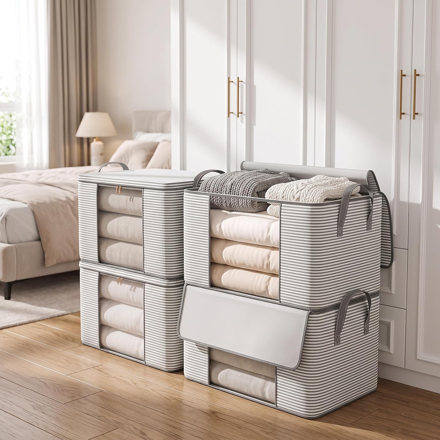 2Pcs Striped Heavy Duty Blanket Storage Bags with Clear Window