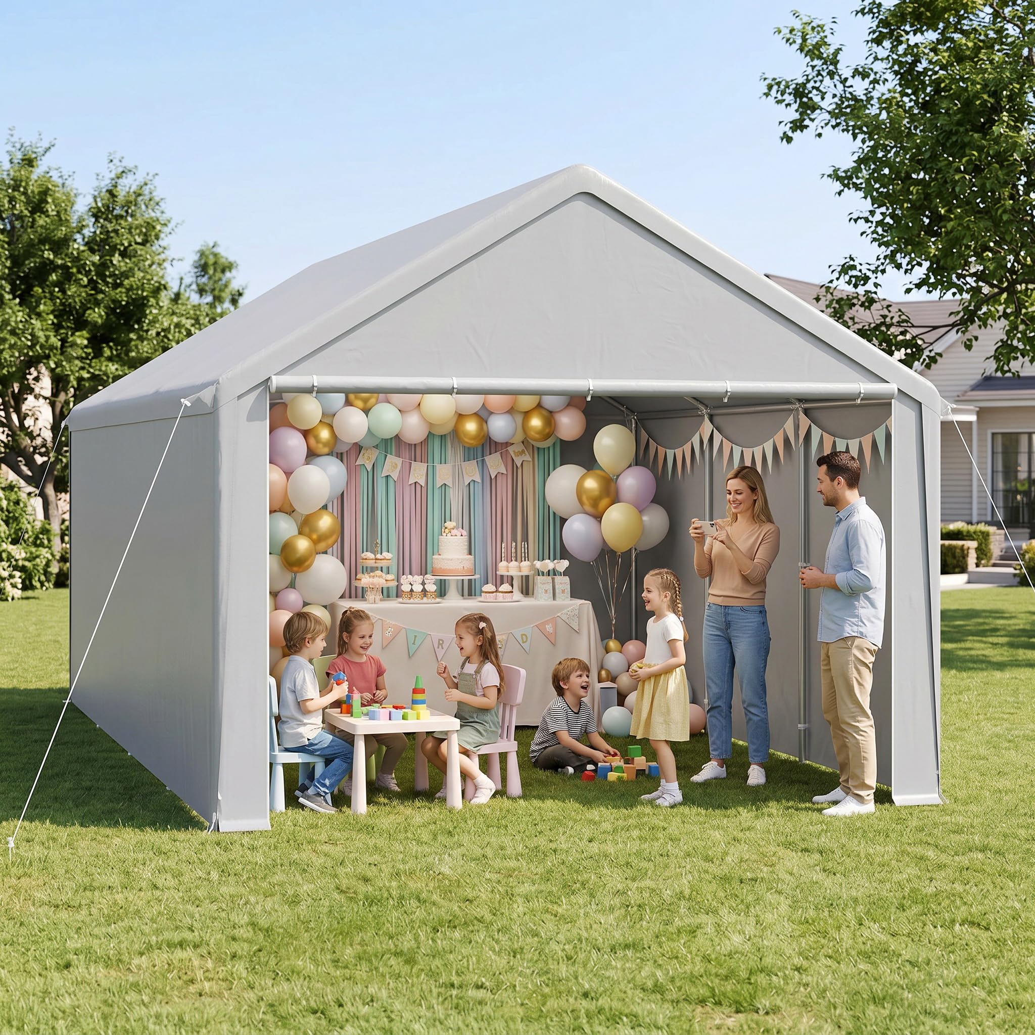 Lagerzelt Carport 4x8 m in Grau Gerätezelt wasserdicht Gartenhaus Stahlrahmen verzinkt Garten Aufbewahrung Zelt Unterstand für Auto Motorrad Lager Garten