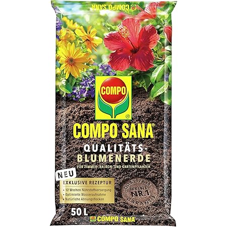 COMPO SANA Qualitäts-Blumenerde mit 12 Wochen Dünger für alle Zimmer-, Balkon- und Gartenpflanzen, Kultursubstrat, 50 Liter, Braun