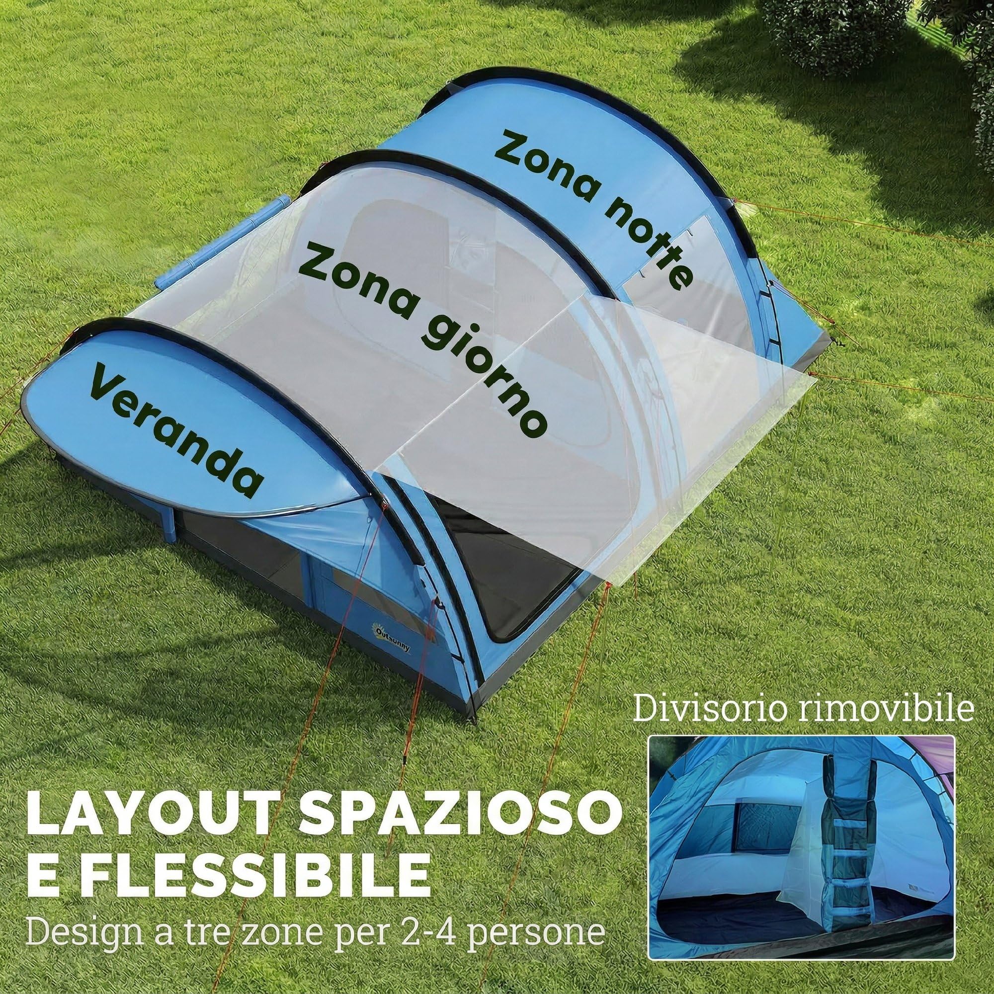 Outsunny Tenda Campeggio a Tunnel per 2-4 Persone 200cm 2 Stanze Azzurro | Tenda da Campeggio Familiare, Impermeabile 3000mm, Veranda, 6 Finestre, Gancio, Borsa Trasporto, per Trekking