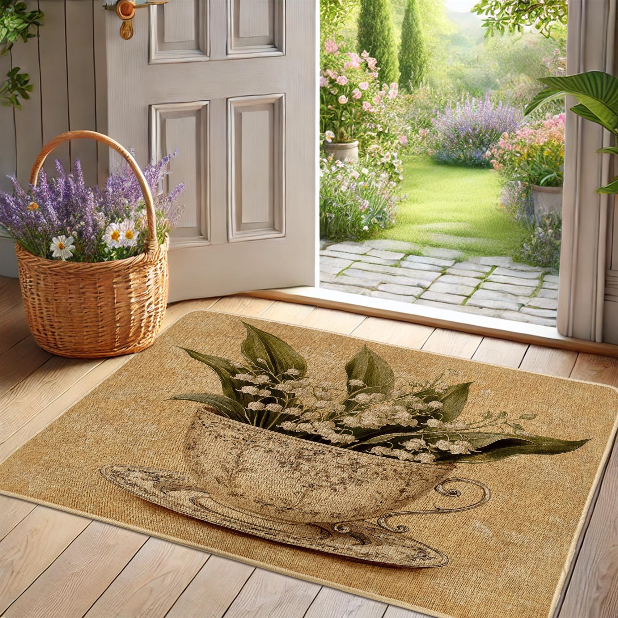 Paillasson motif lys crème antidérapant et imperméable pour entrée intérieur extérieur