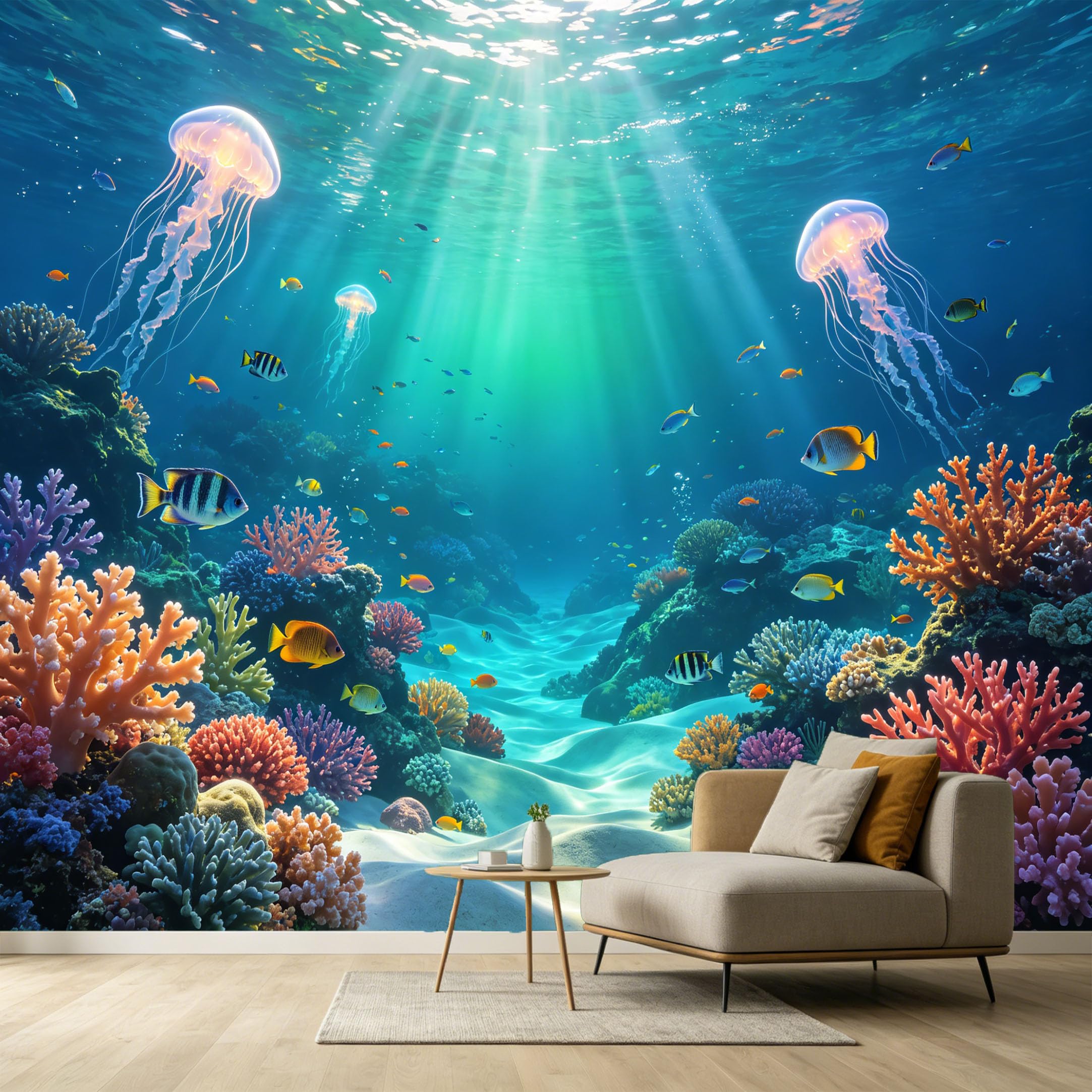 Custom Size Wall Murals Ocean Marine Tropical Coral Reef Jellyfish 3D Underwater Scenery SelfAdhesive Wall Fabric Removable Large Wallpaper for Photo Living Room