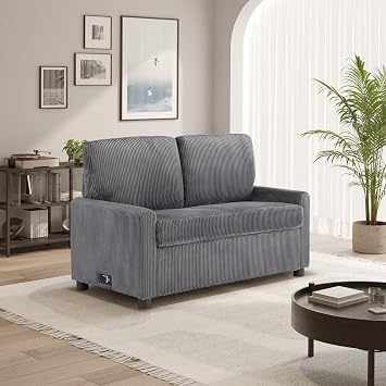 Serta Darnold 53.5 Pull-Out Sleeper Loveseat, Twin Size, Dreamcoil Comfort, Memory Foam Pull-Out Mattress, USB-C and USB-A Power Ports, Soft Corduroy Fabric, Grey