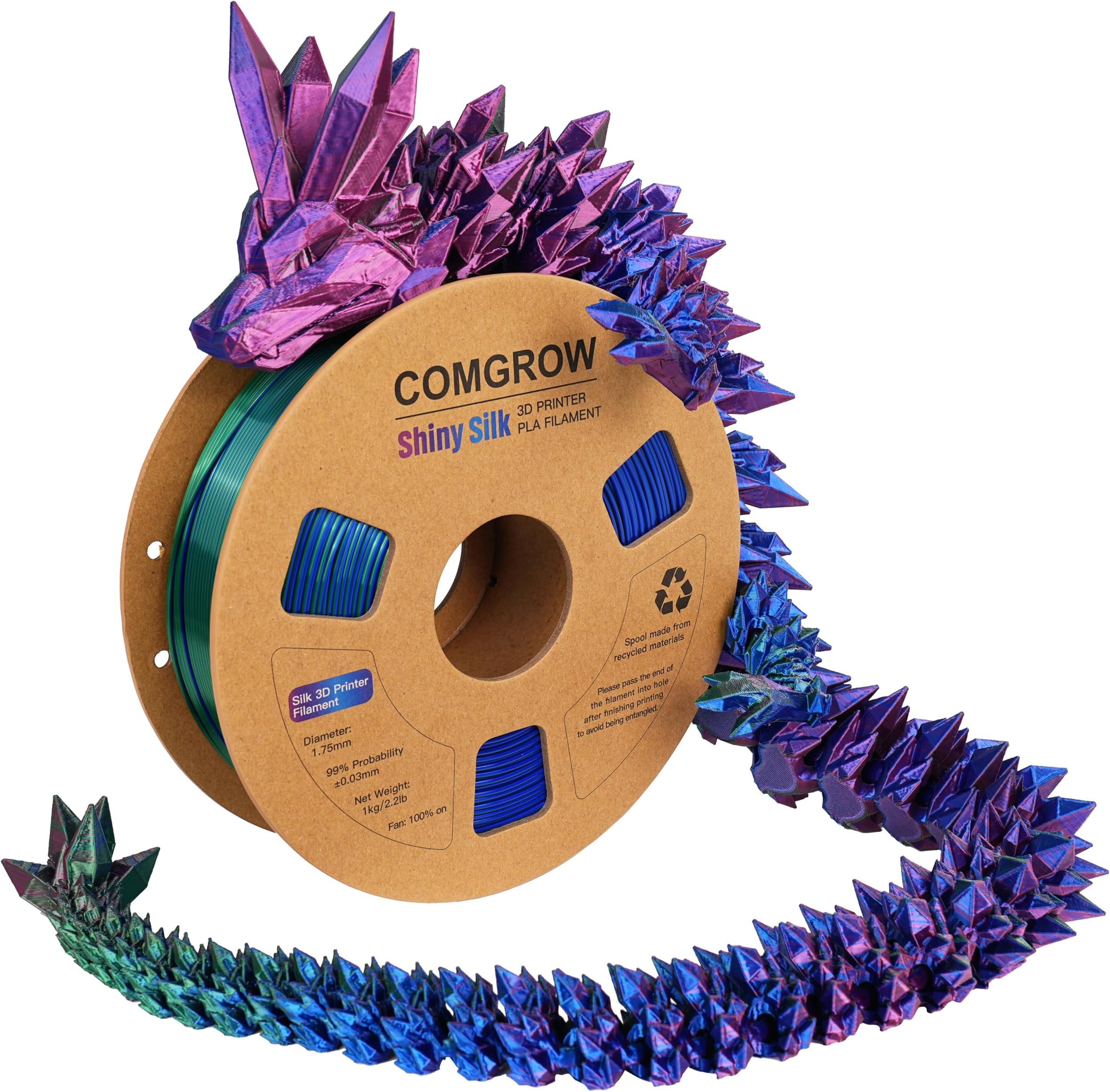 Comgrow Tri-Colors Silk PLA 3D Printer Filament, Rainbow PLA Filament 1.75mm, Dimensional Accuracy +/- 0.02 mm, 1KG Spool, Coextrusion 3D Filament with Shiny Silk Red-Blue-Green