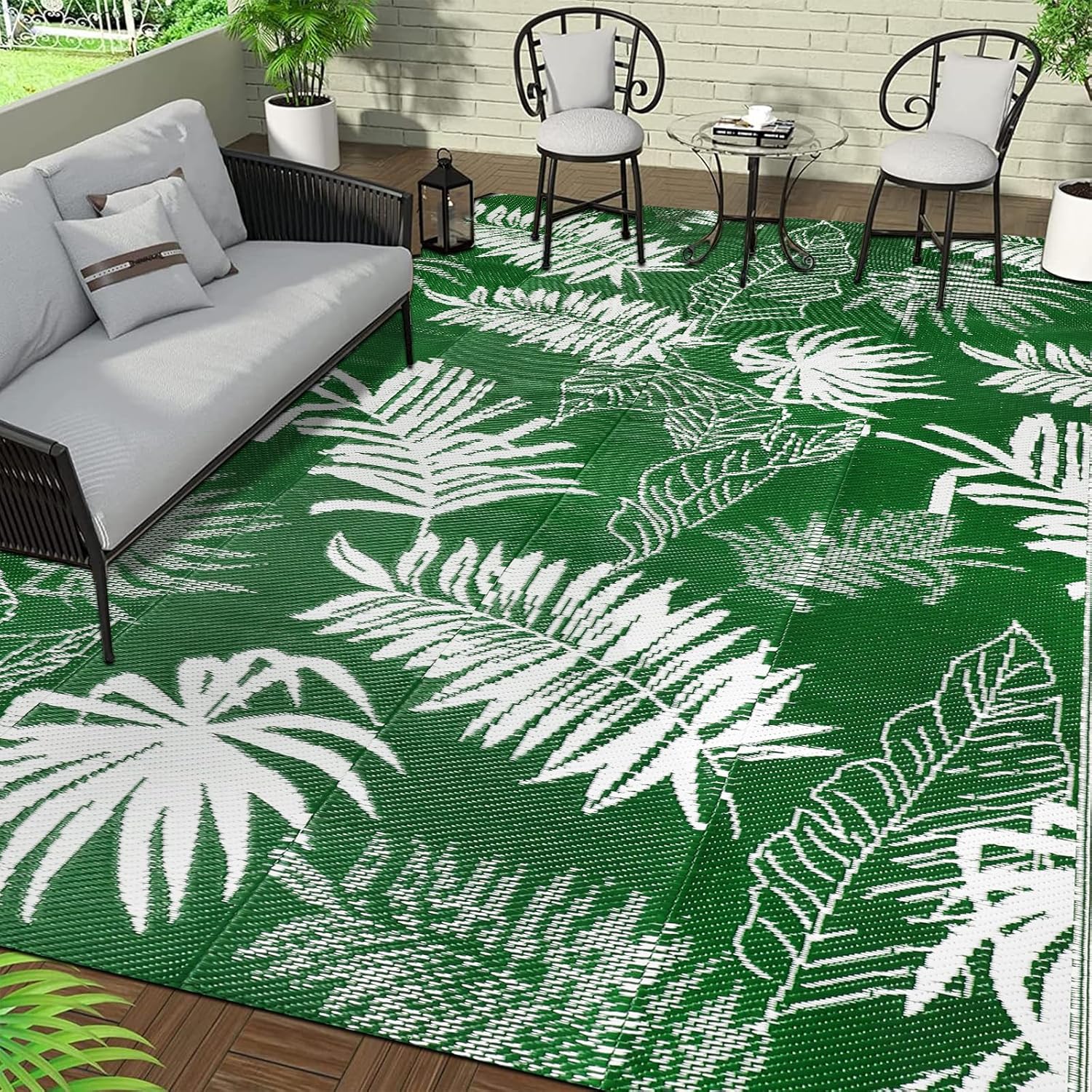 Falflor 180x270cm Outdoor Area Rug Plastic Reversible Mats Outdoor Camping Rug Waterproof Outdoor Rug Large Floor Mat for RV Patio Beach Backyard Deck (Green)