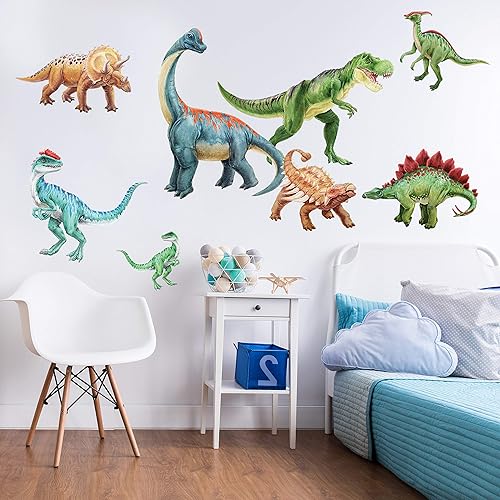 Kit de calcomanías de pared de acuarela de dinosaurio, calcomanías grandes de tiranosaurio Rex y braquiosaurio para habitaciones de niños Chromantics