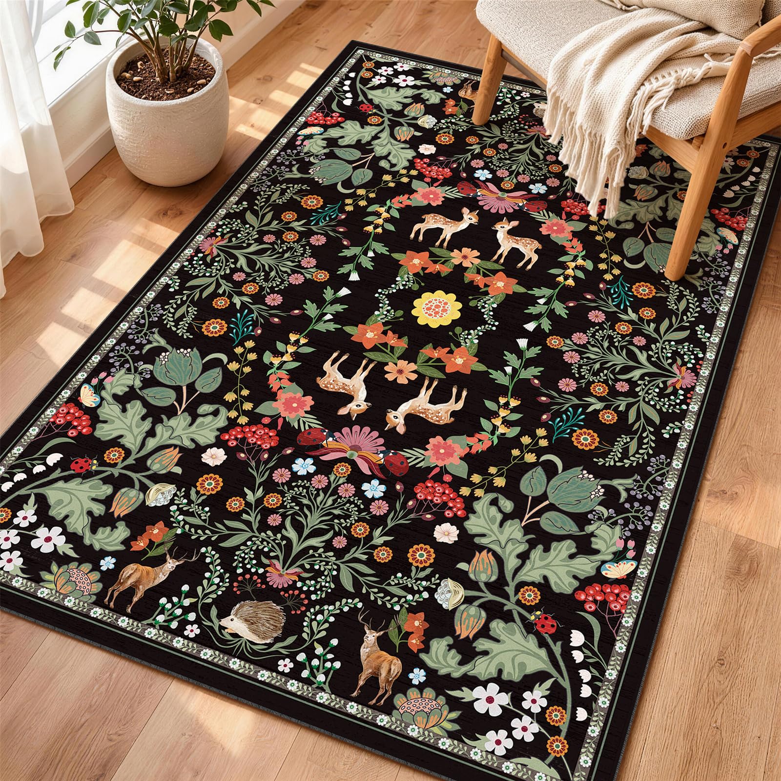 FVVRAX Black Bedroom Rugs 80×150 cm, Low Pile Boho Area Rugs for Living Room Hallway, Teenagers Room with Animals Floral Print Design, Non-Slip TPR Backing Floor Carpet for Home Decor — image 1