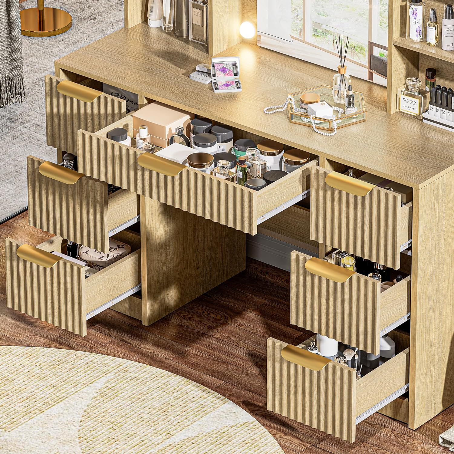 Fluted Vanity Desk with Mirror and 10 Adjustable LED Lights, Modern Makeup Desk with 7 Drawers & 6 Shelves, Dressing Table with Charging Station for Girls, Women, Bedroom, Natural Oak