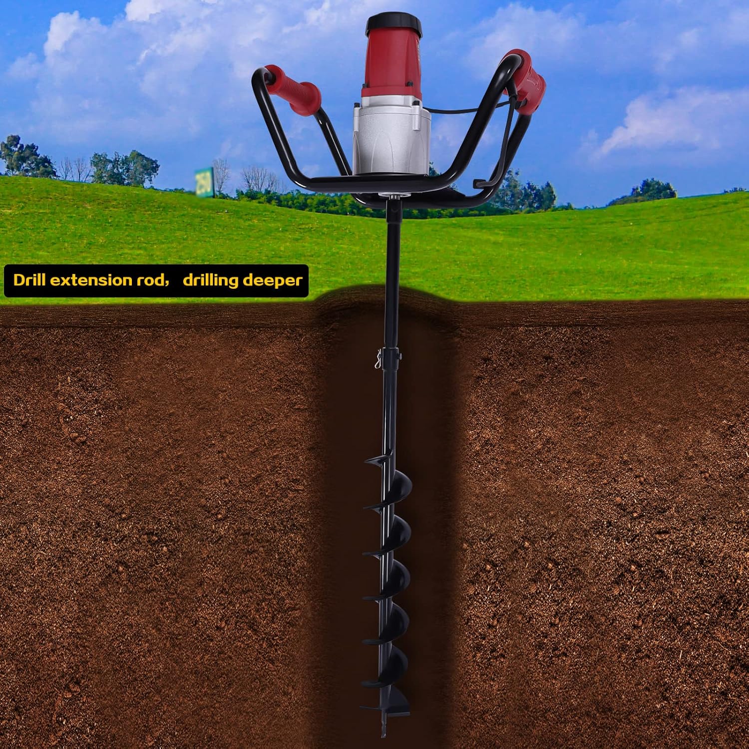Post Hole Digger, 1500W Electric 1.6HP Auger Digging Drill Powerhead w/4" Bit for Fence Planting, Tree Planting, Drilling (Black, Red)