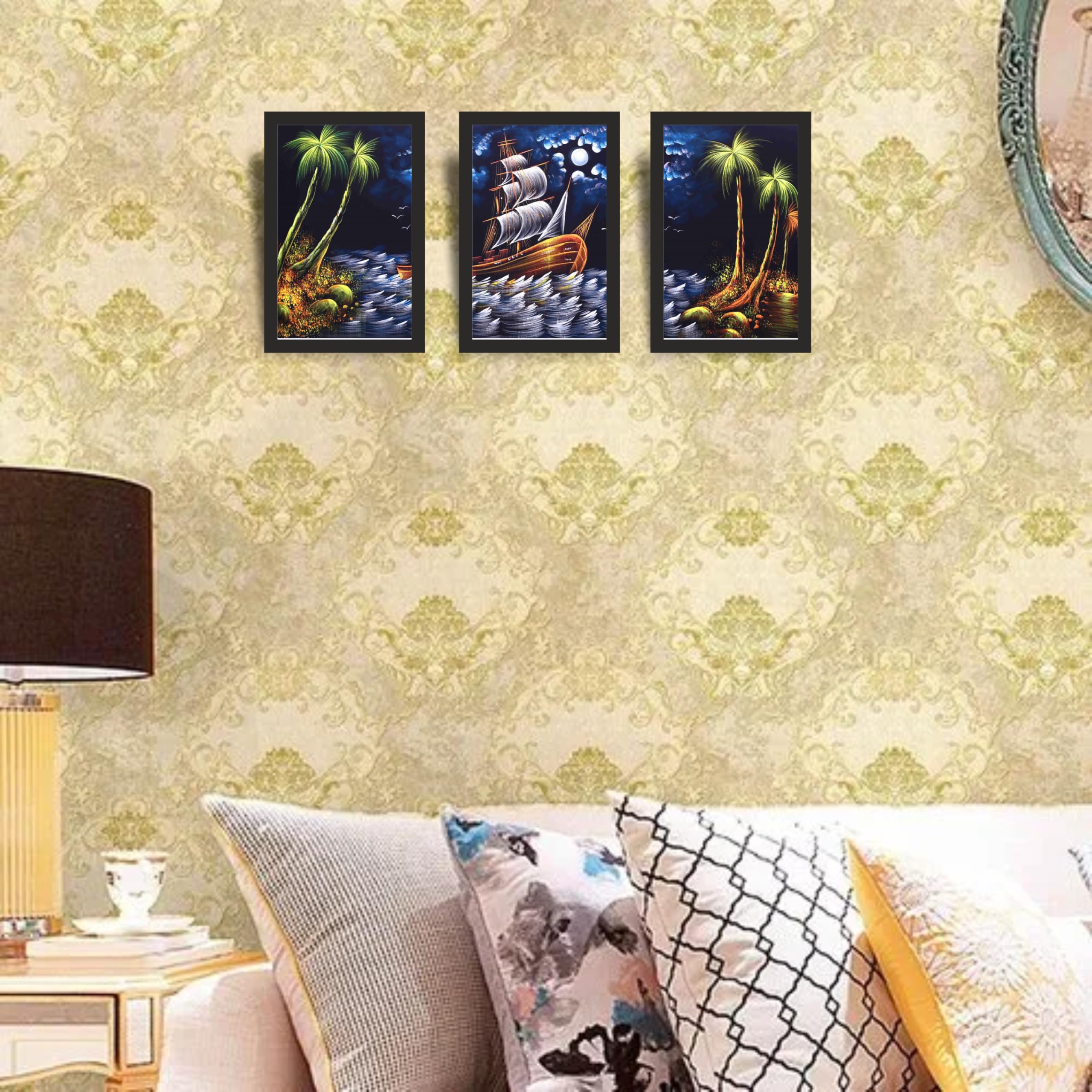 Moonlight Sailing Ship Wall Art Frame Set of 3