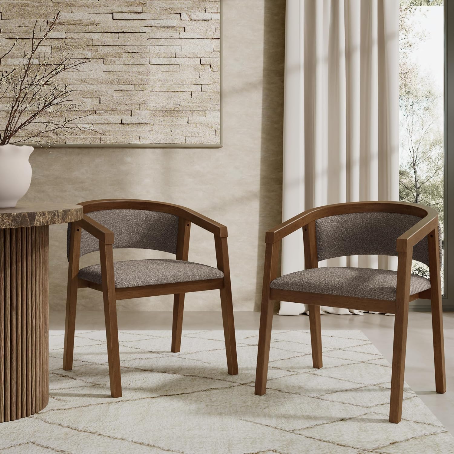 Christopher Knight Home Yunara Comfy Boucle Upholstered Dining Chairs Set of 2, Wooden Kitchen Chair with Curved Open Backrest, Mid Century Modern Living Room Chairs Set of 2, Dark Brown + Walnut