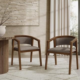 Christopher Knight Home Yunara Comfy Boucle Upholstered Dining Chairs Set of 2, Wooden Kitchen Chair with Curved Open Backrest, Mid Century Modern Living Room Chairs Set of 2, Dark Brown + Walnut