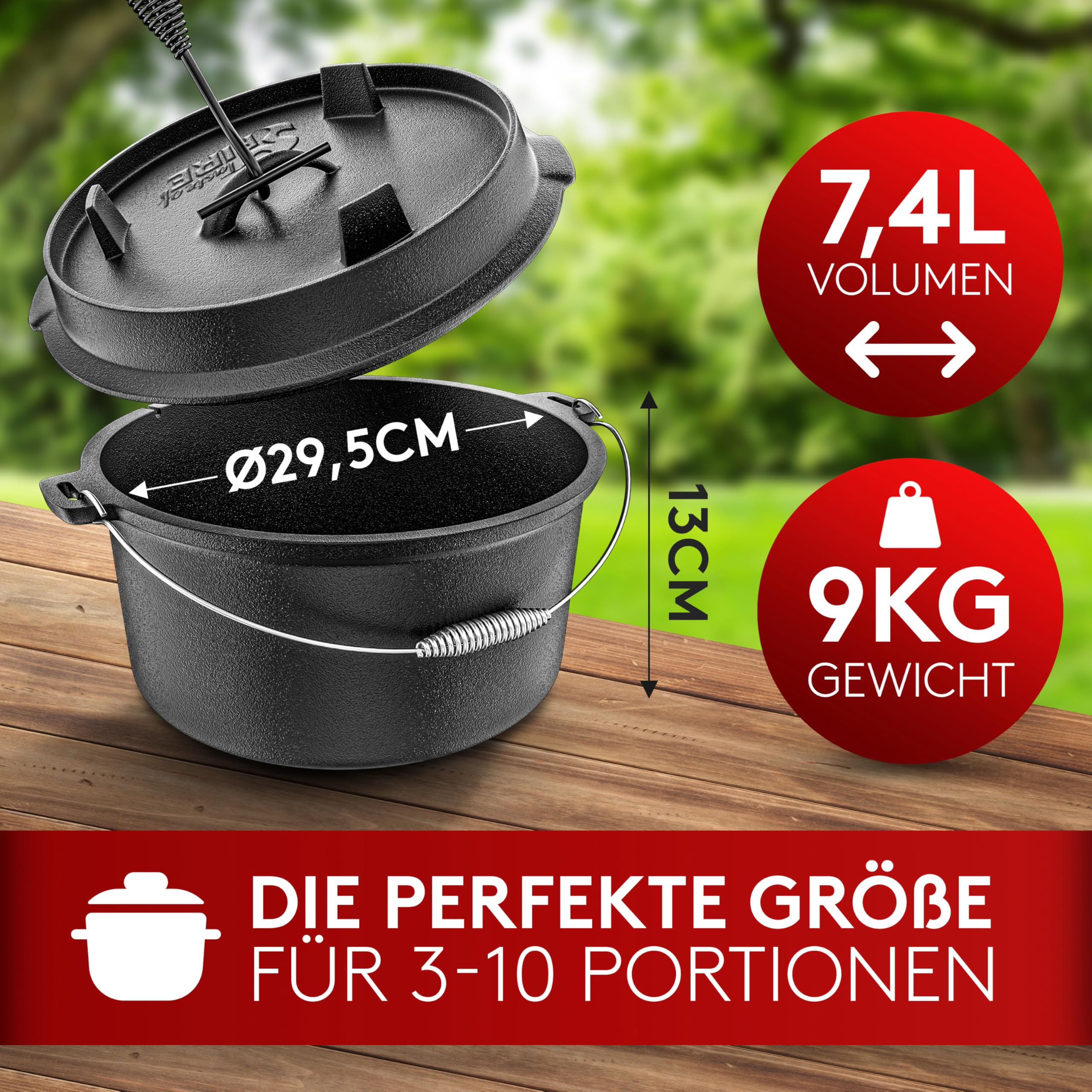 Grill Dutch Oven – zestaw Dutch Oven [8 l] – nadaje się do kuchenek indukcyjnych – ze stojakiem na garnek – wypalony żeliwny garnek – w zestawie Podnośnik pokrywy i e-book.