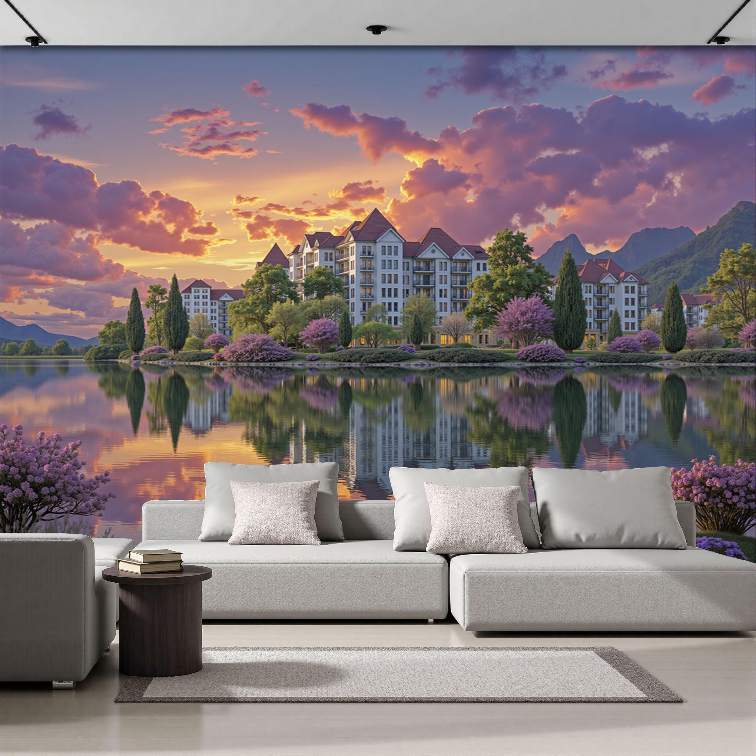 Papier peint panoramique lac violet 400x280cm intissé 3D pour salon