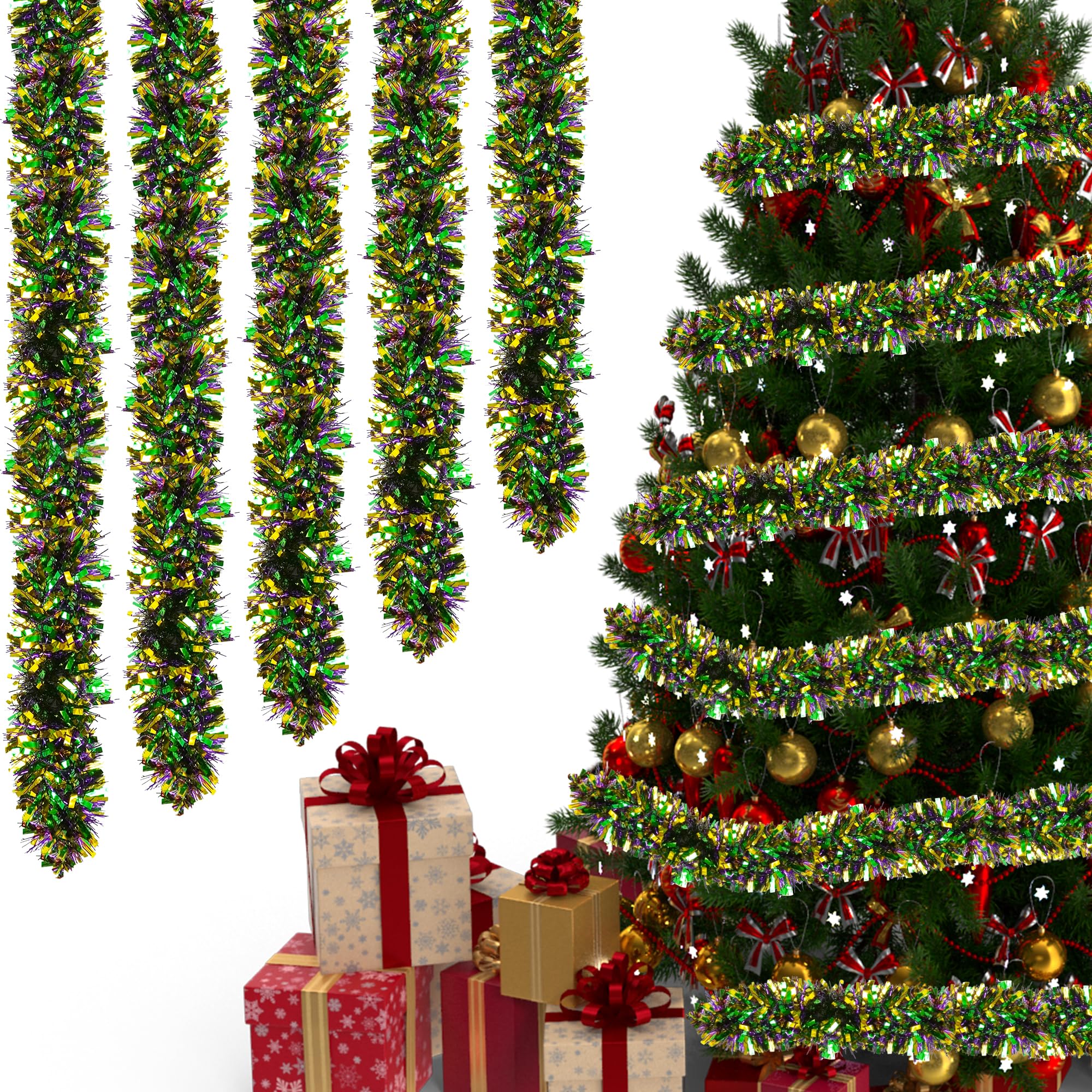 Trimming Shop 10M Mix Chunky Christmas Tinsel Garland Shiny Metallic Fine Foil Twist Xmas Tree Garland for Festive Party, Holiday Celebration, Indoor & Outdoor Hanging Decorations