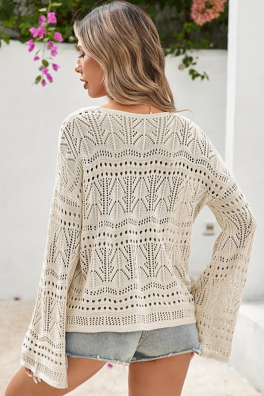 Cakulo Womens Spring Summer Off Shoulder Sweater Crochet Bell Sleeve Boho Tops 2026 Beach Cover Up Vacation Clothes - Image 6