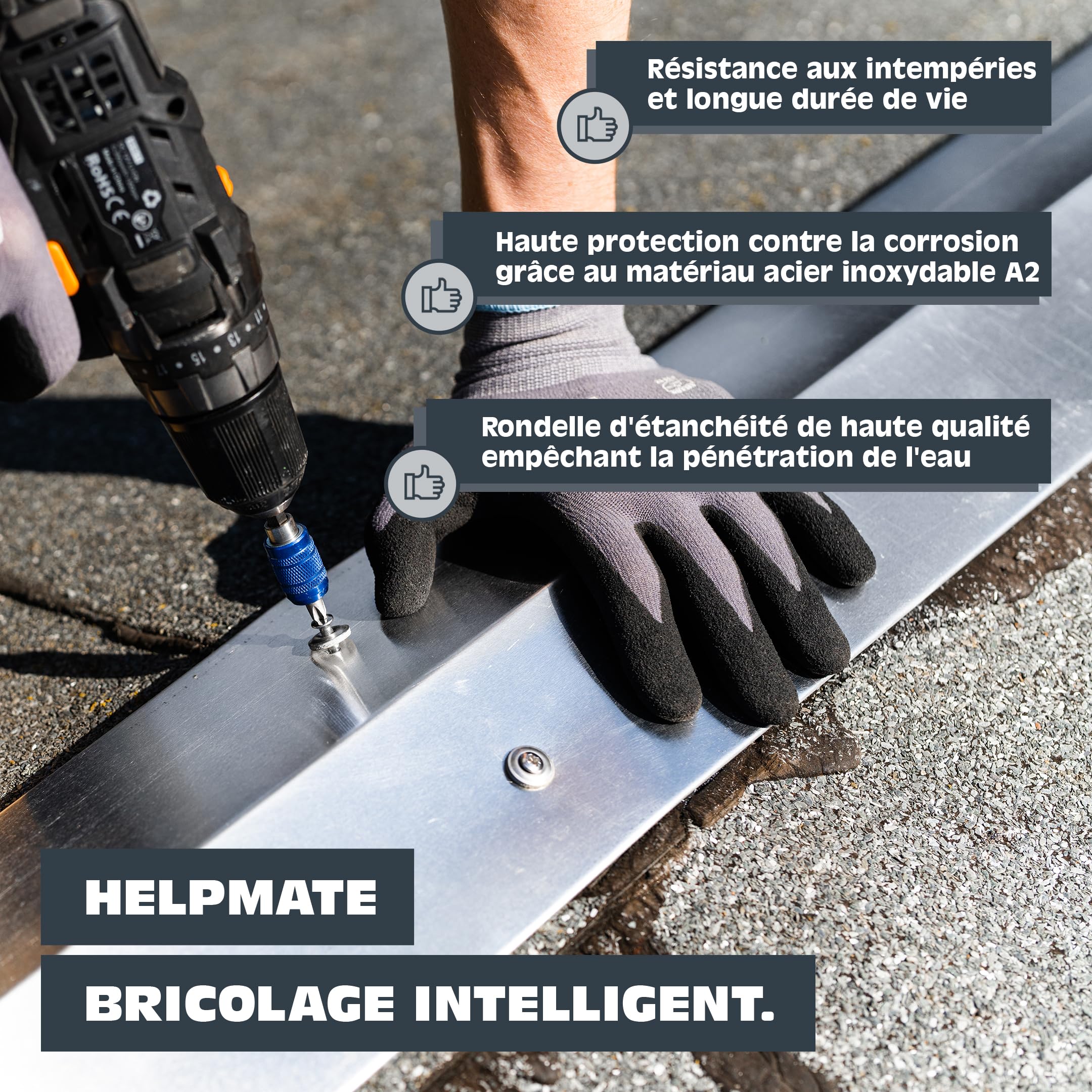 HELPMATE Lot de 250 vis spengler 4,5 x 25 mm en acier inoxydable A2, PZ2, DIN 7995, tête bombée avec disque disque, disque d'étanchéité EDPM