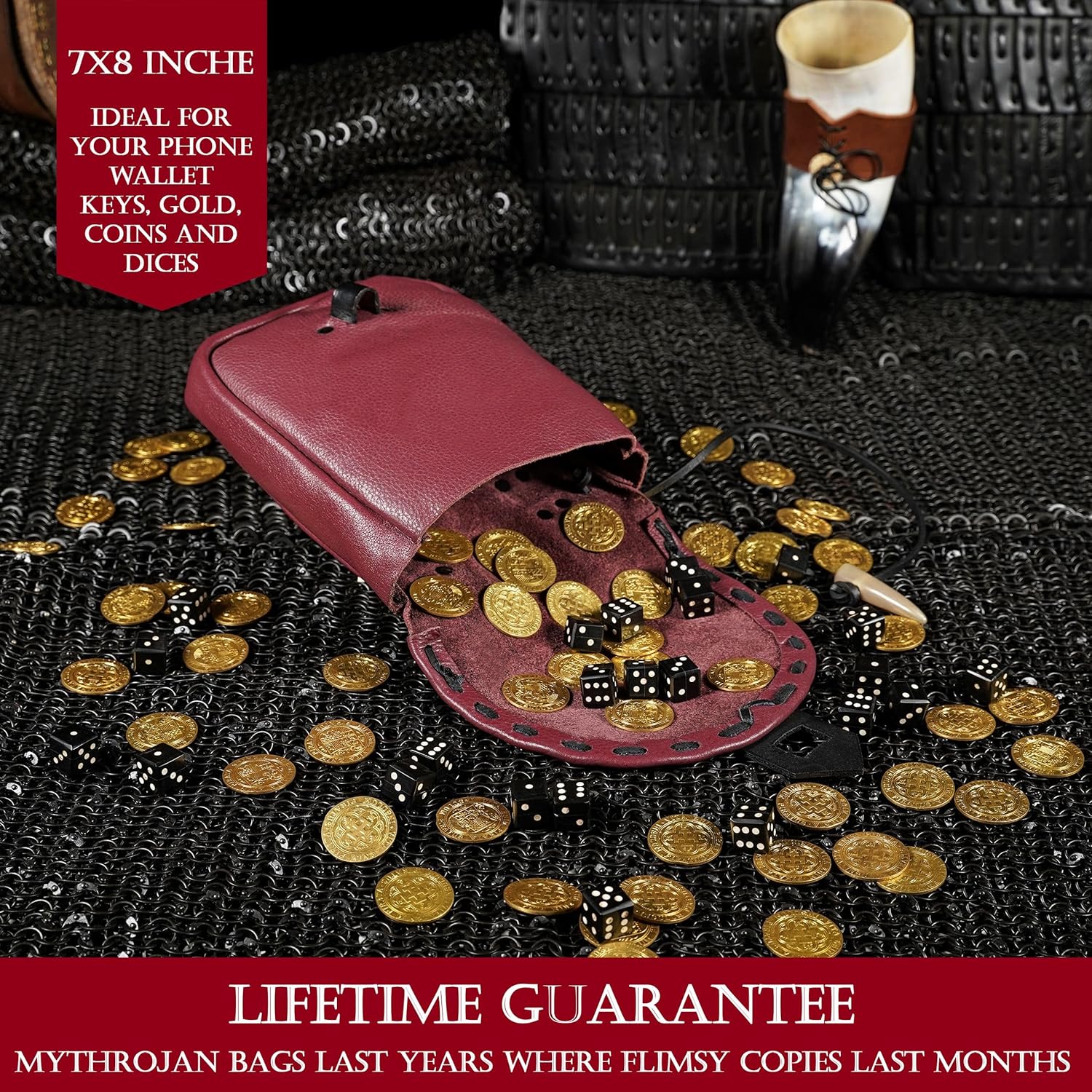 Mythrojan Medieval Belt Pouch Viking Leather Belt Bag Antique Vintage Fanny Pack Pouch Renaissance LARP Cosplay Waist Bag, Renfaire Coin Purse, Costume Accessories for Men Women - Wine Red - Image 8