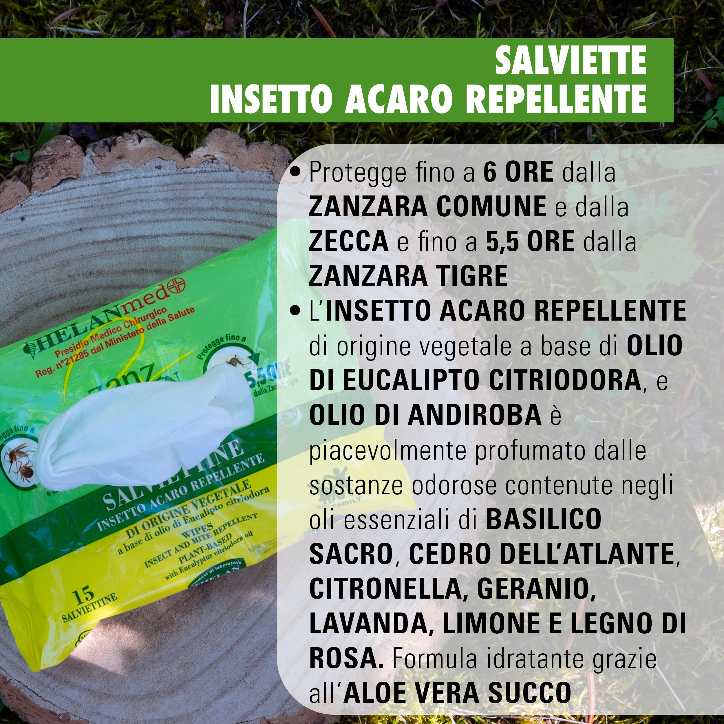Helan Med Zanzhelan - Salviette Umidificate Antizanzare Bambini Adulti 100% Cotone Bio, Anti Zanzare con Olio di Neem, 15 Salviettine Repellente Zanzare Zecche Fino a 6 Ore, Presidio Medico Chirurgico
