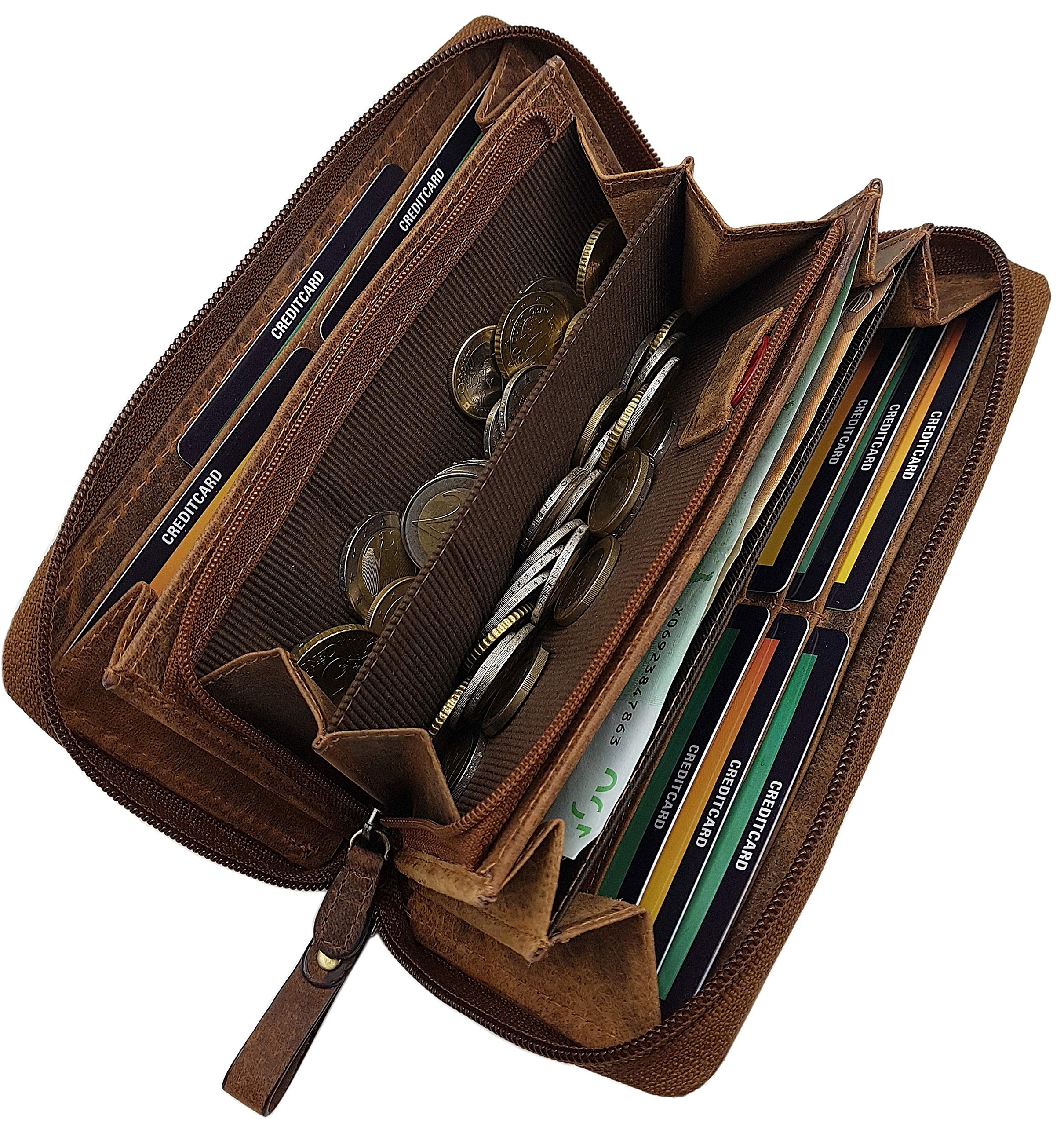 myledershop Grand Cuir de Buffle Femme Porte-Monnaie avec Colibri-Motif avec Blocage RFID et NFC en Cognac (Cognac)