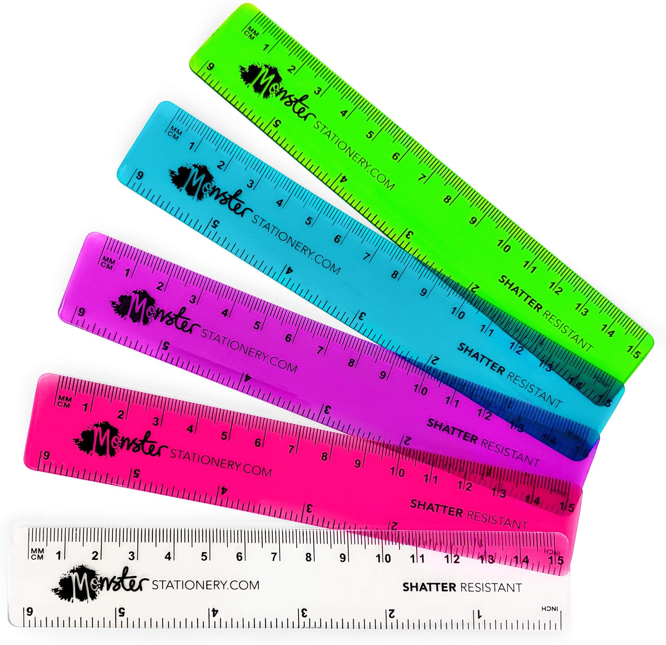 Ashton and Wright Monster Stationery - 6 Inch / 15cm Transparent Coloured Rulers - Shatter Resistant - Pack of 5 - Mixed