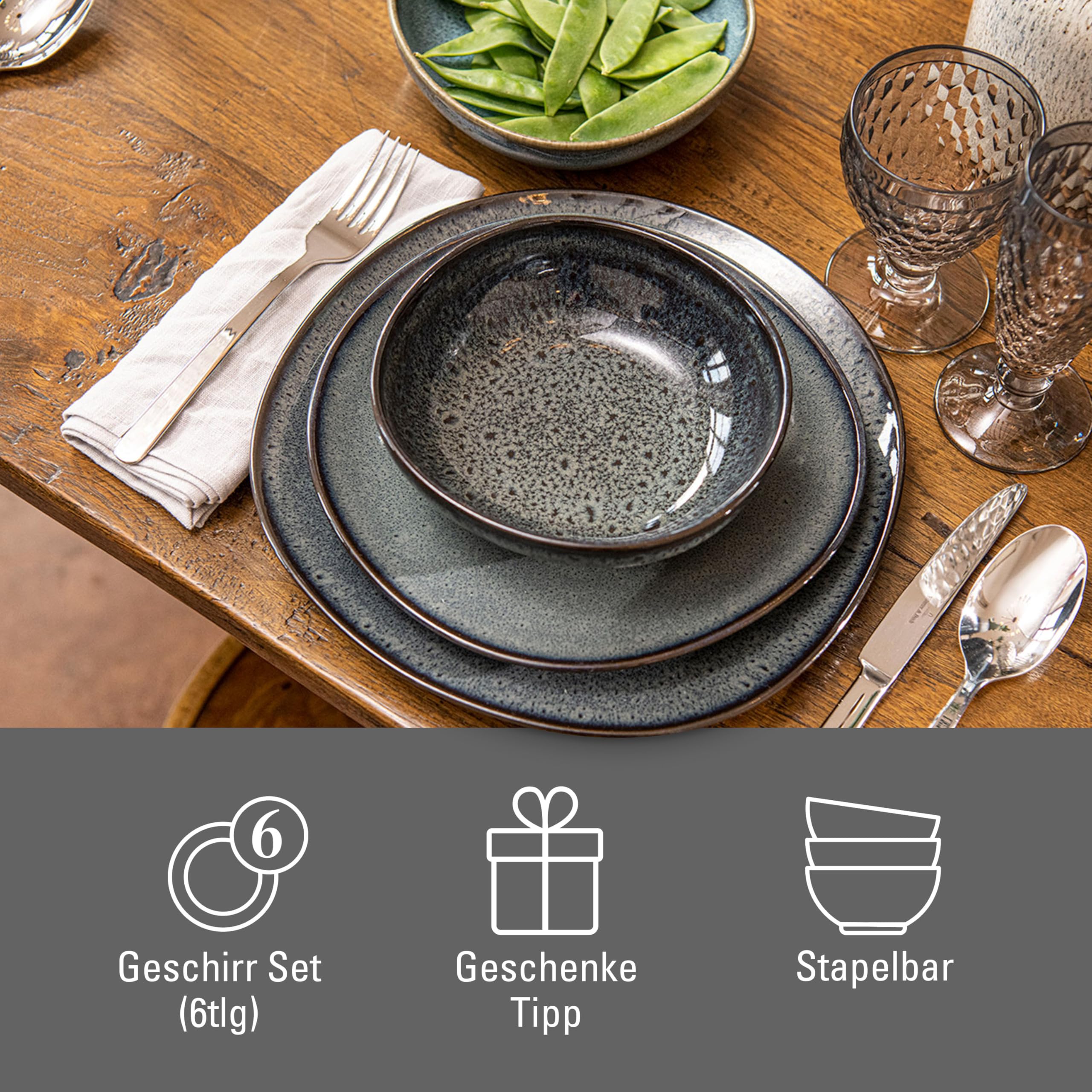 like. by Villeroy & Boch - Lave Gris Geschirr Set Aus Steingut, 6Tlg., Pottery Look, Frühstückservice Für 2 Personen, Grau