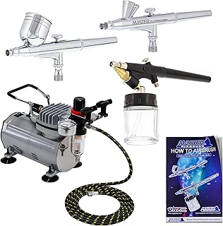 3 Airbrush Professional Master Airbrush Multi-Purpose Airbrushing System Kit - G22, G25, E91 Gravity & Siphon Feed Airbrushes, Hose, Air Compressor, Airbrush Holder - coolthings.us