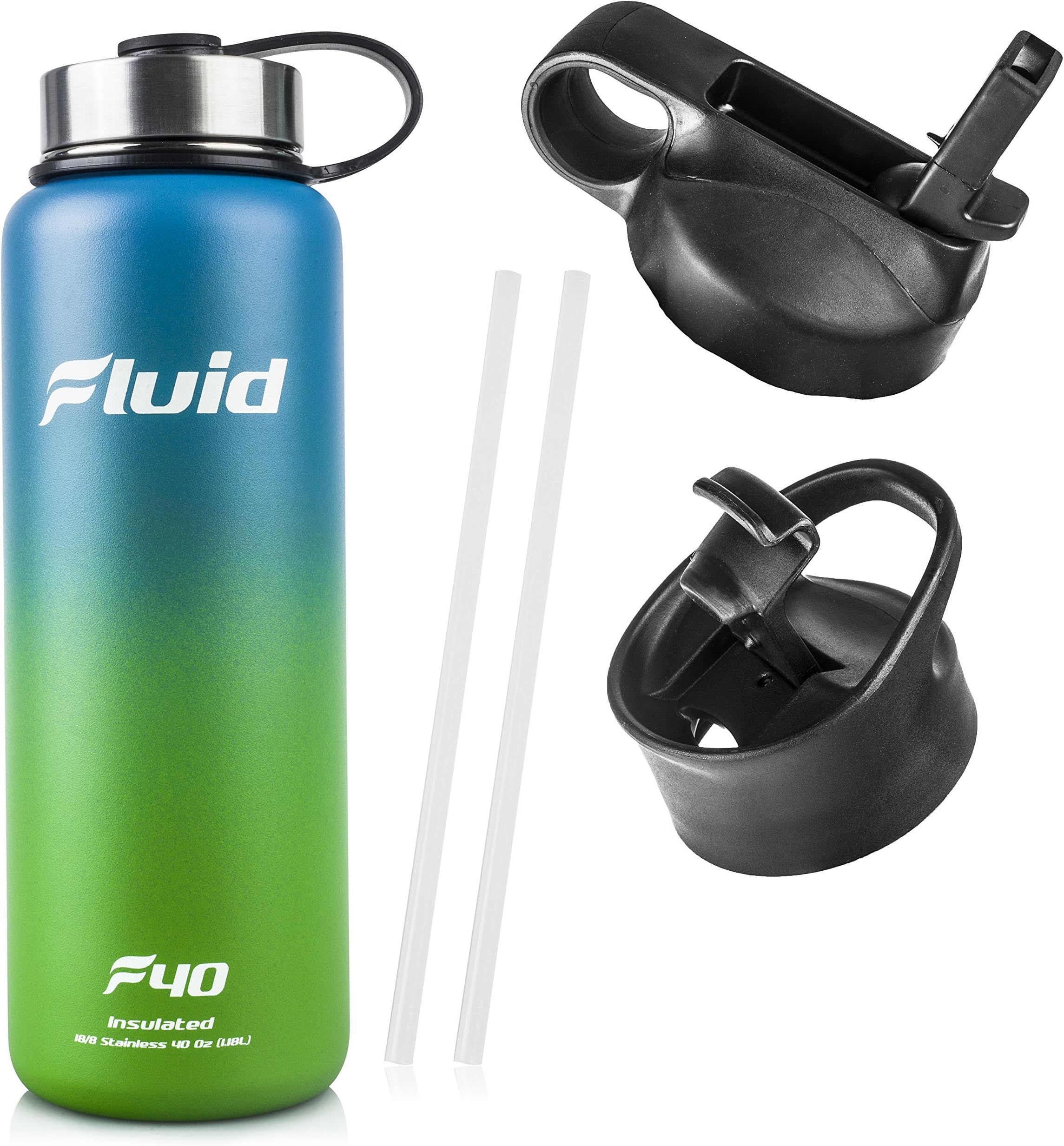 Fluid Insulated Stainless Steel Water Bottle Sports (Aqua-Lime) - 40 Oz, Wide Mouth, BPA Free, Stainless Lid, Flip-top Lid, and Straw Lid Included