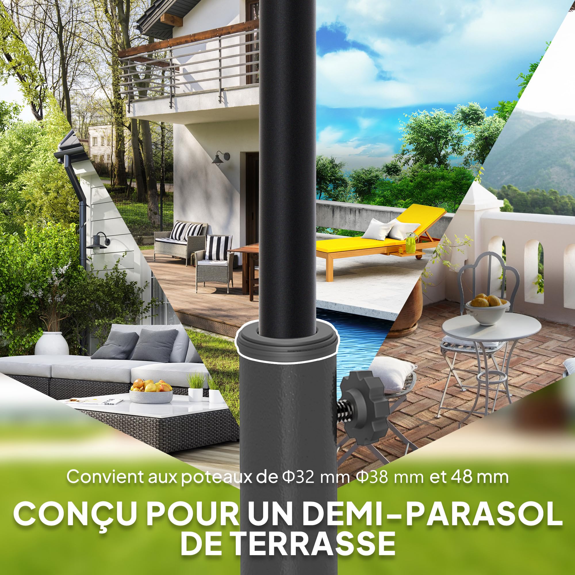 Outsunny Pied de Parasol 9 kg, Support Parasol en résine pour mât de 32, 38, 48 mm, Base de Parasol pour terrasse Piscine Patio Jardin, 49 x 31 x 33 cm, Noir