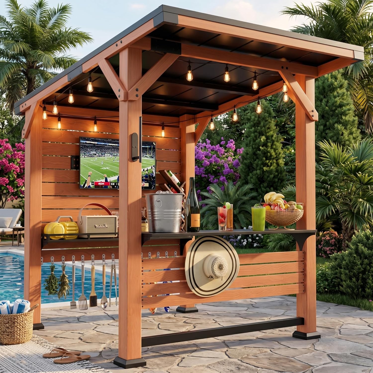 6' x 8' Premium Outdoor Entertainment Bar Center, 26 Gauge Galvanized Steel Roof, Heavy-Duty Solid Wood Pillar,Warm Cedar Wooden Gazebo with Bar Top, TV Mount, Shelves and Hooks for Patio, Deck