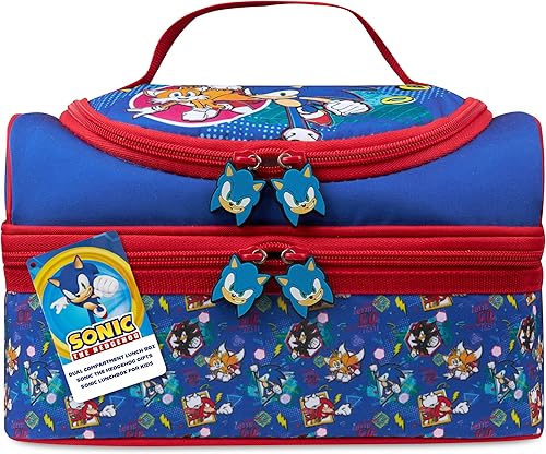 Get Trend SONIC THE HEDGEHOG - Lonchera aislada con dos compartimentos para aperitivos de picnic, bolsa enfriadora, regalos para niños (azulrojo
