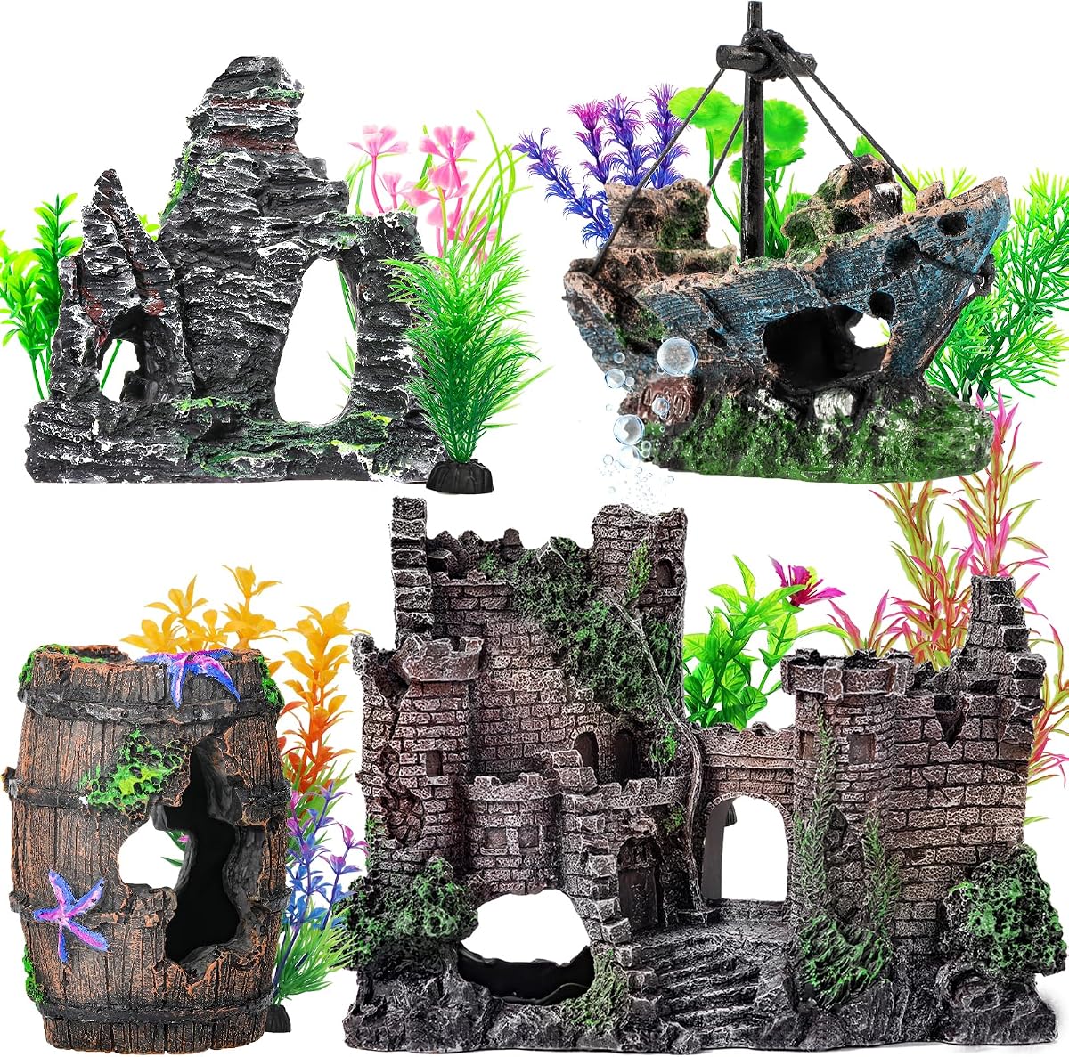 CousDUoBe 14 Pcs Aquarium Decorations Large Kit,Castle Fish Tank Bubbler Decorations,Starfish Barrel, Resin Cave Rock,Resin Material Sunken Ship,Aquarium Plants Large Fish Bowl Ornaments