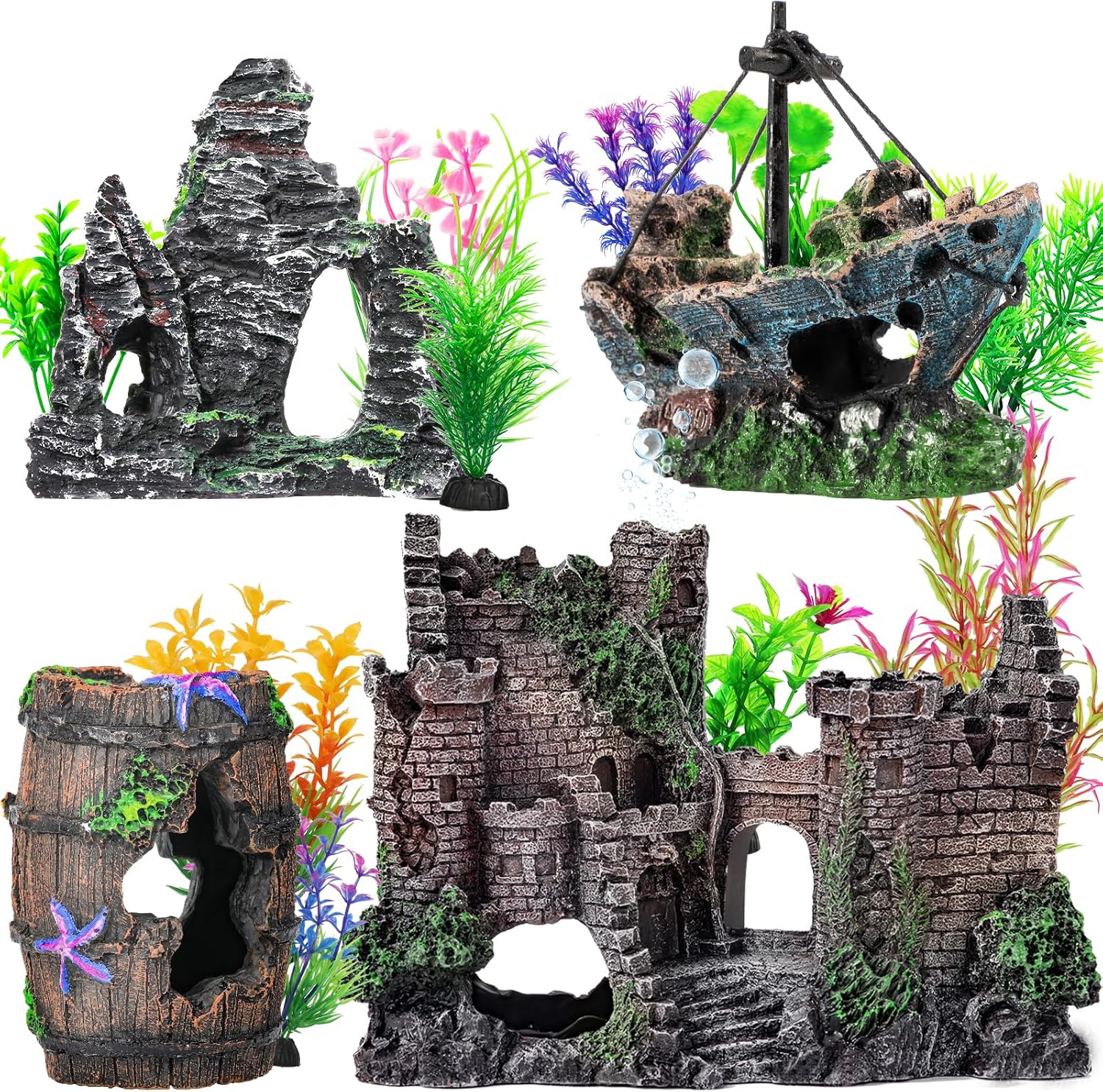 CousDUoBe 14 Pcs Aquarium Decorations Large Kit，Castle Fish Tank Bubbler Decorations，Starfish Barrel, Resin Cave Rock,Resin Material Sunken Ship,Aquarium Plants Large Fish Bowl Ornaments