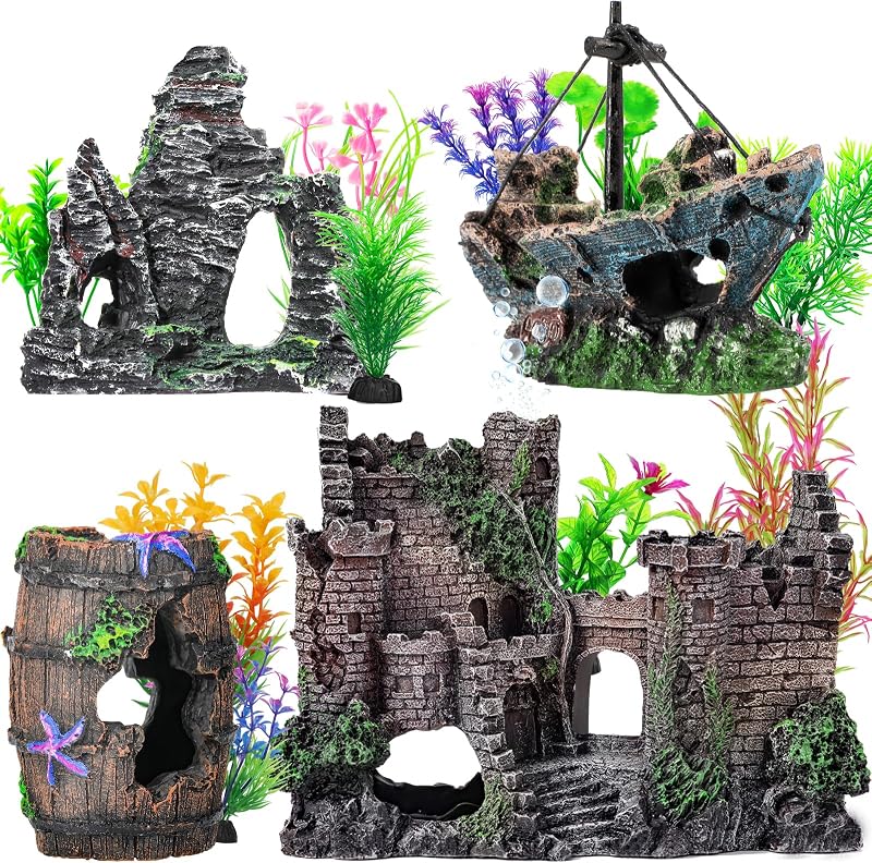 CousDUoBe 14 Pcs Aquarium Decorations Large Kit，Castle Fish Tank Bubbler Decorations，Starfish Barrel, Resin Cave Rock,Resin Material Sunken Ship,Aquarium Plants Large Fish Bowl Ornaments