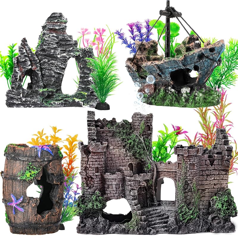 Enfeites para Aquário com Castelo Bubbler, Navio, Caverna e Plantas CousDUoBe, Pacote com 14 Peças