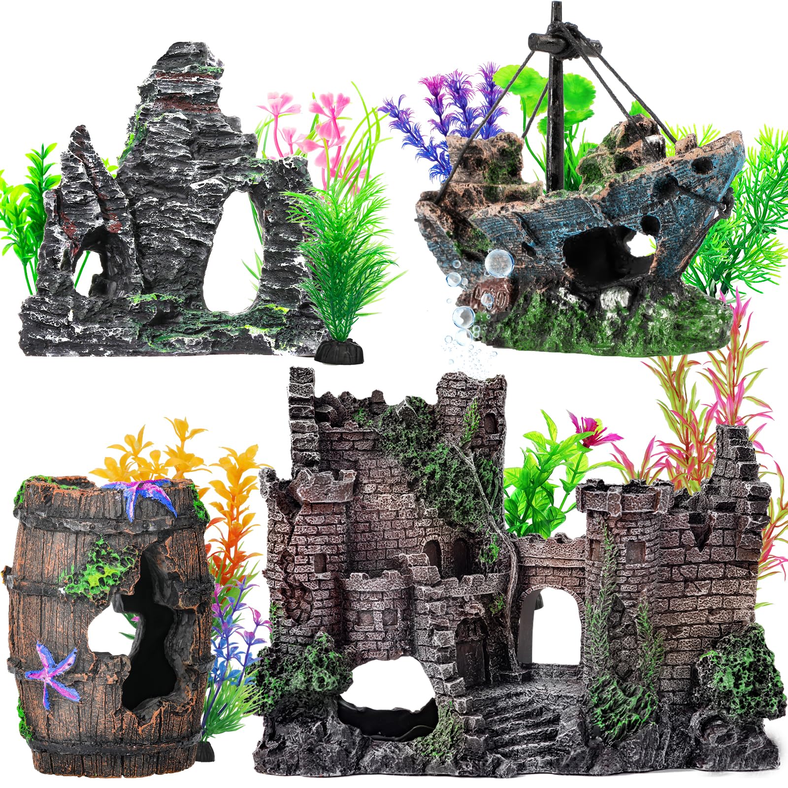 CousDUoBe Kit grande de 14 piezas de decoraciones de acuario, decoraciones de burbujas de castillo, barril de estrella de mar, roca de cueva de resina, material de resina, barco hundido, plantas de