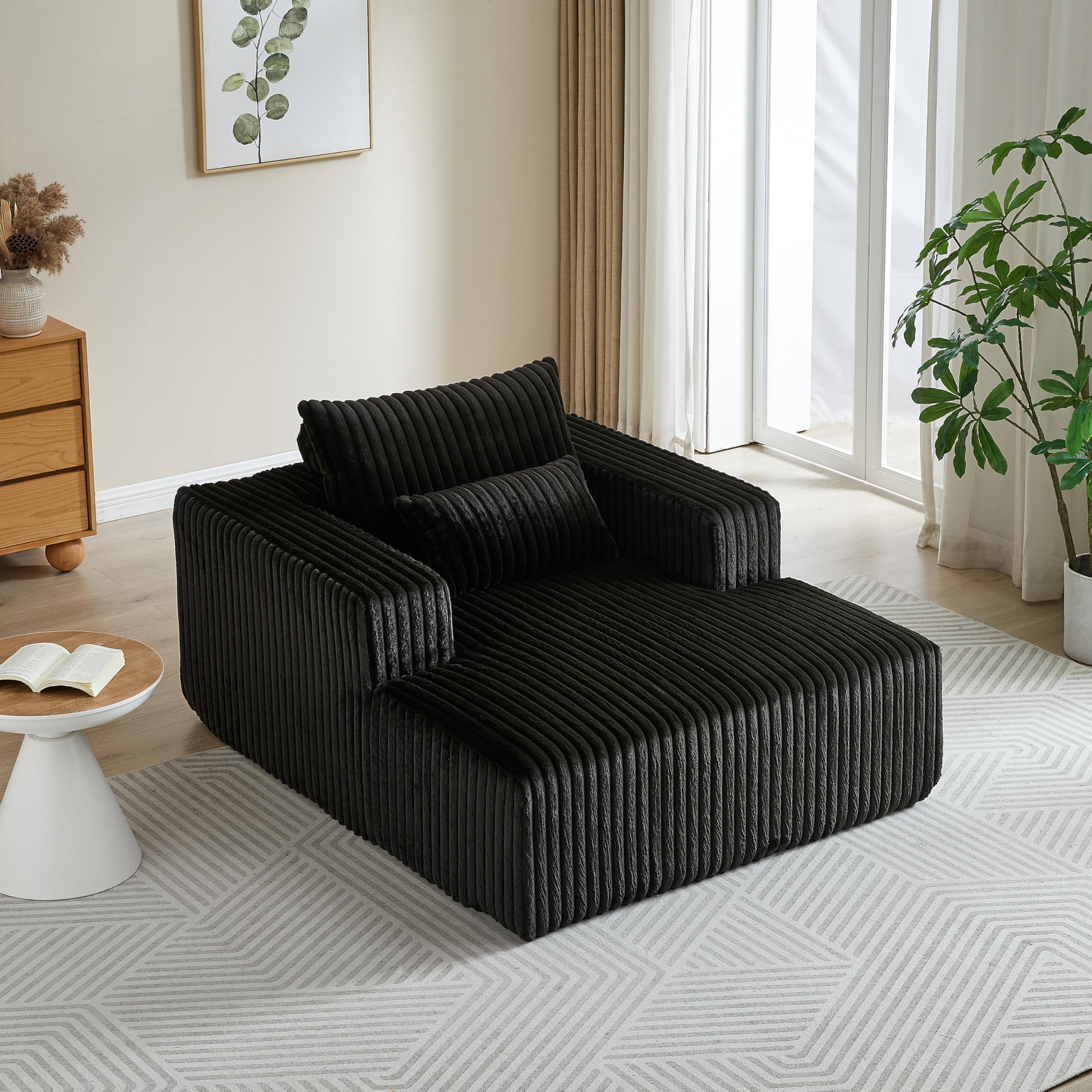 Oversized Chaise Lounge Chair - 45" Boneless Design, Corduroy Fabric, No Assembly Required, With 3 Pillows (Black)