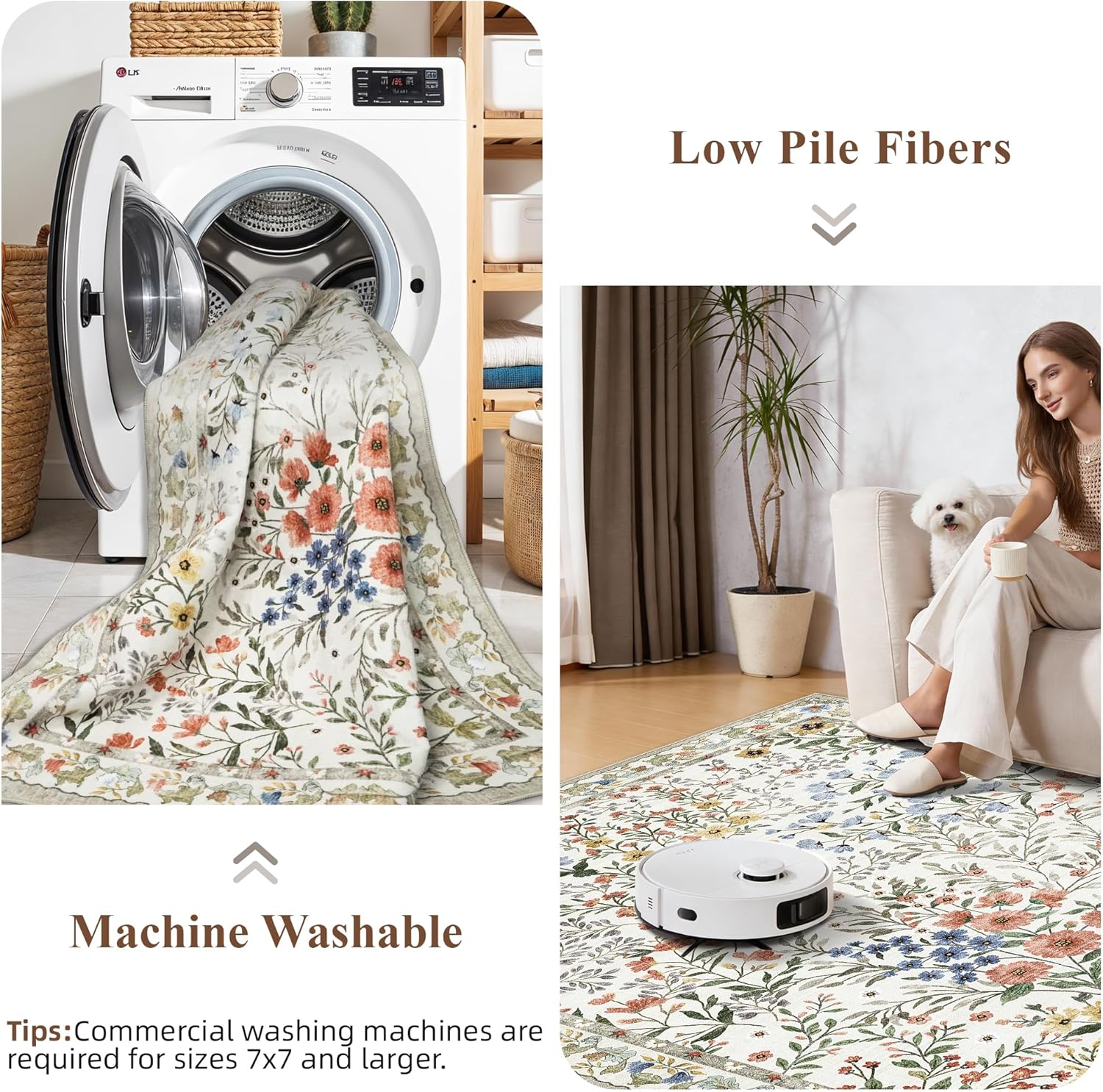 6x6 Washable Area Rug Living Room: Floral Non-Slip Washable Mat for Indoor Floor Dining Room Bedroom High Traffic Area - Soft Low Pile Carpet for Vintage Boho Home Decor (6ft Square, Beige)