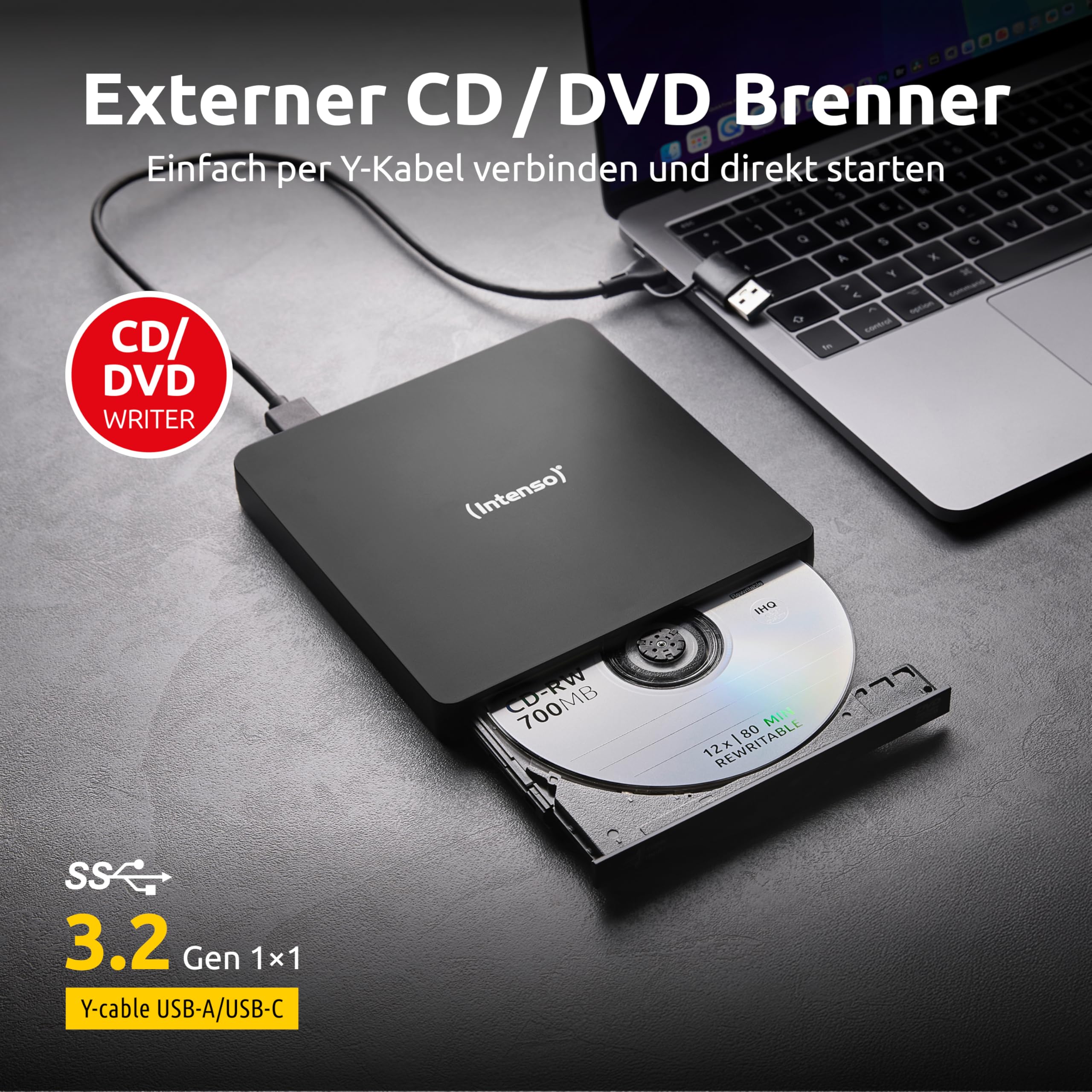 Intenso externes CD/DVD Laufwerk/externer Brenner EOD 400D Slim, USB 3.2, für Laptop, Desktop PC, iMac, MacBook, Windows, MacOS, inkl. kostenloser Brenn-Software Ashampoo Burning Studio, Schwarz