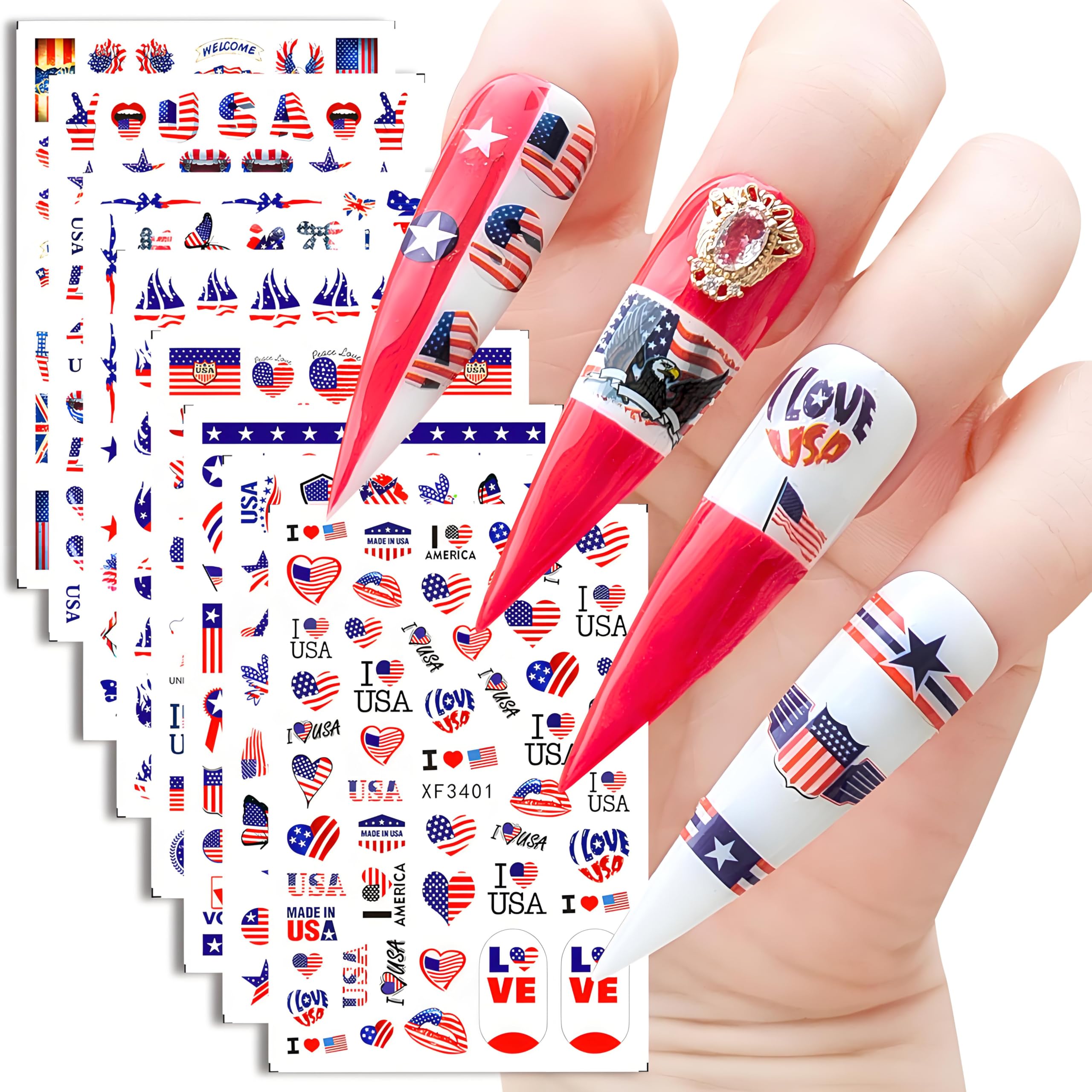 4th of July Nail Stickers - Fourth of July Patriotic Nail Stickers Decals - 3D Design Nails Art Sticker - USA Flag Star Nails Sticker for 4th of July Accessories - Memorial Day(8Pcs)