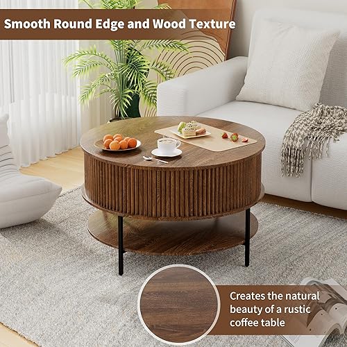 Miniatura 5 de Mesa de centro redonda con parte superior de almacenamiento y elevación, mesas de centro acanaladas circulares de madera, mesa central para sala de